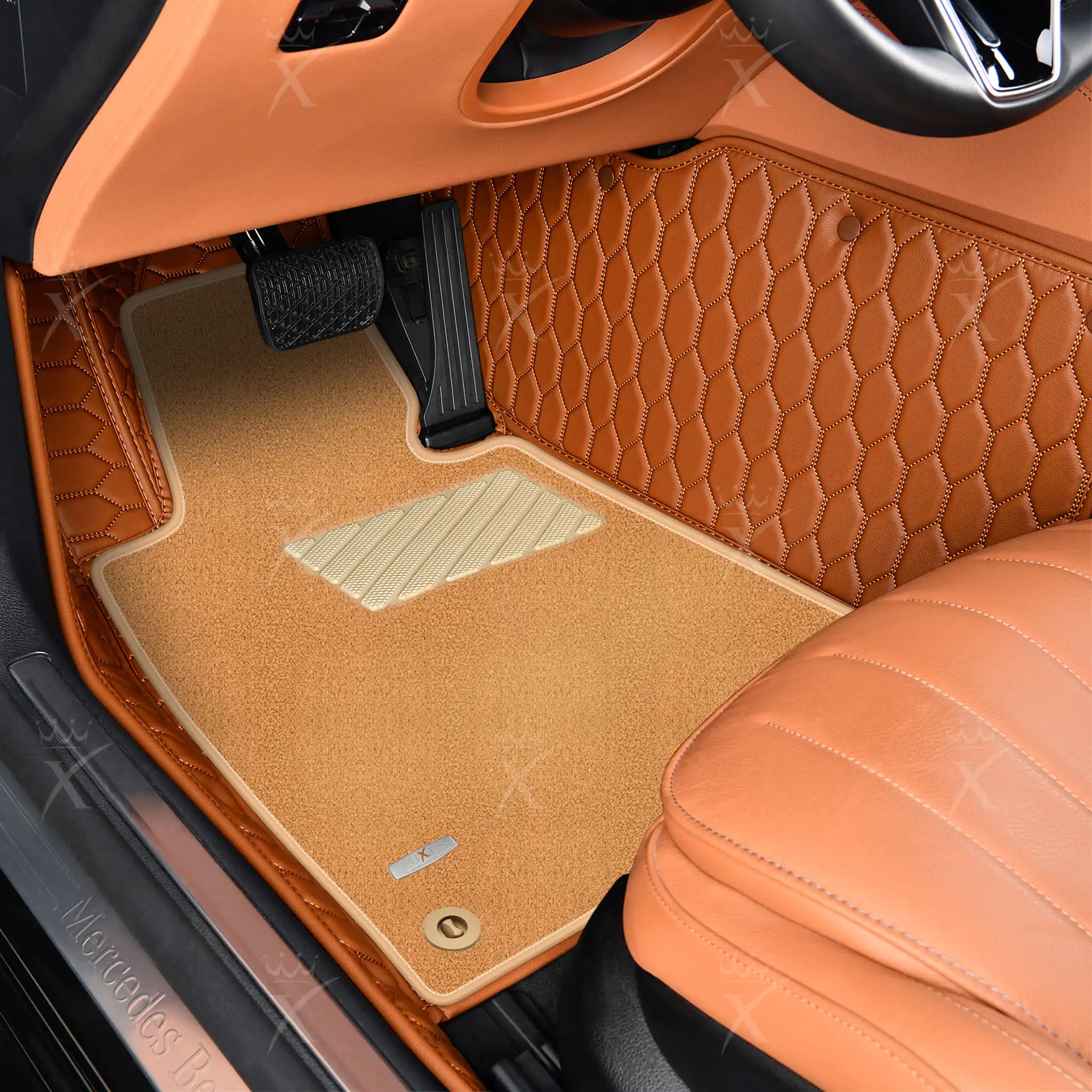 Caramel Brown Honeycomb & Beige Carpet | Double Layer Luxury Car Mats Set