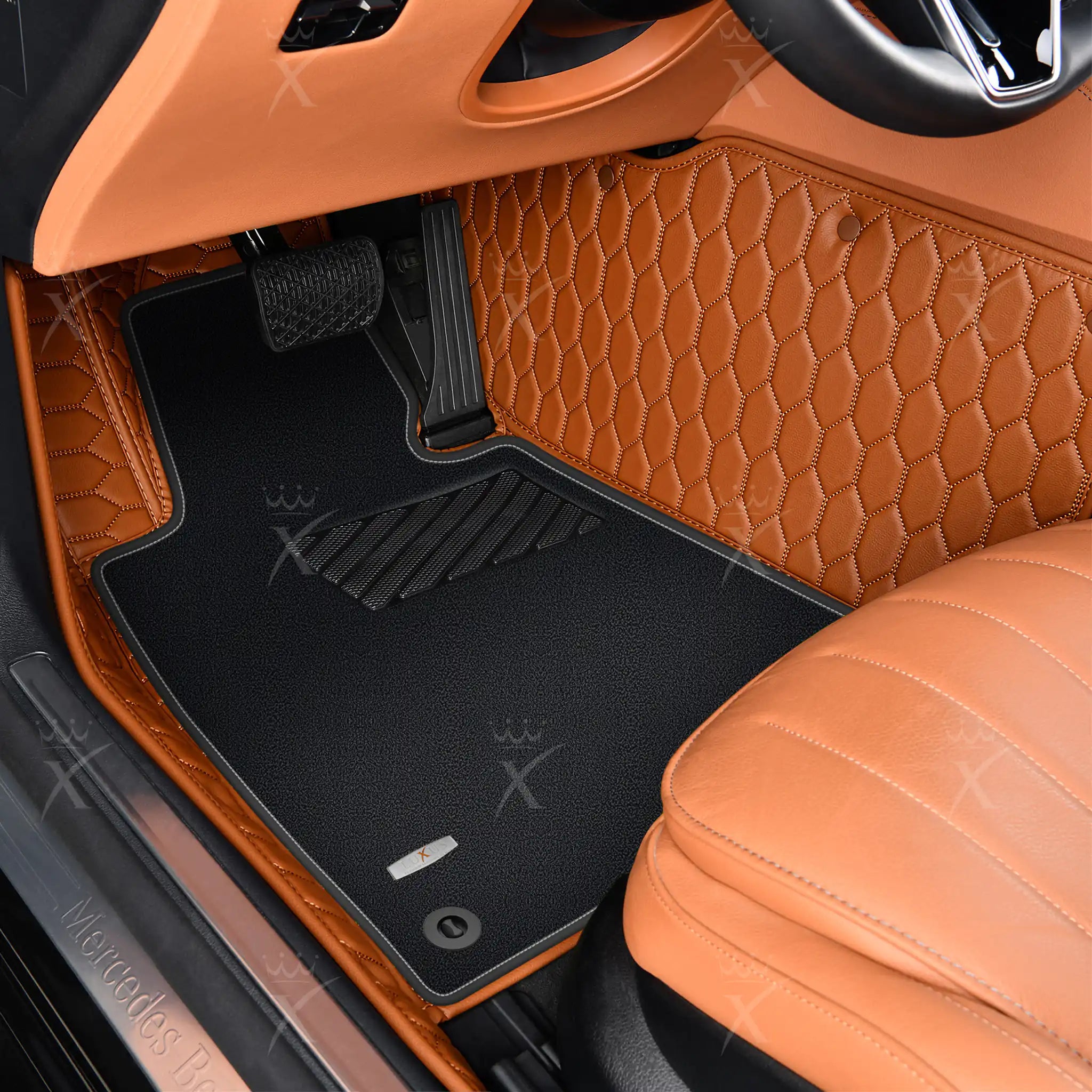 Caramel Brown Honeycomb & Black Carpet | Double Layer Luxury Car Mats Set