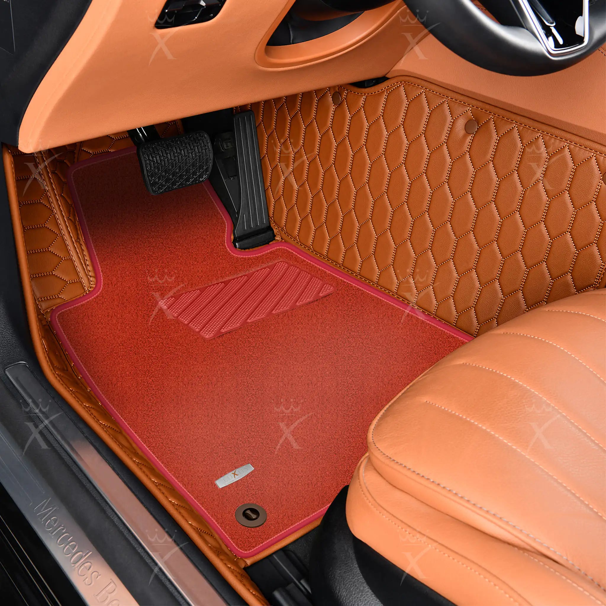 Caramel Brown Honeycomb & Red Carpet | Double Layer Luxury Car Mats Set