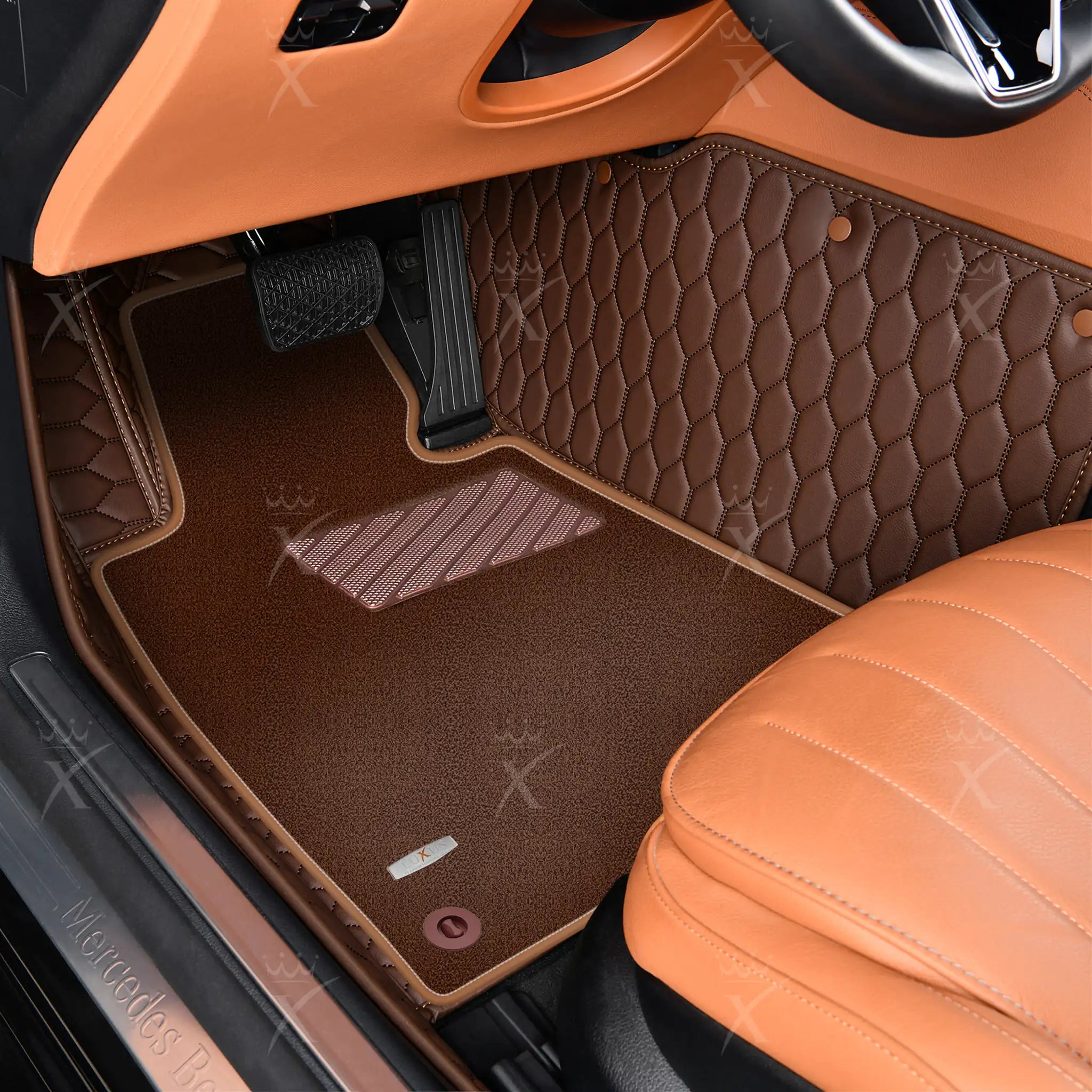 Chocolate Brown Honeycomb & Brown Carpet | Double Layer Luxury Car Mats Set