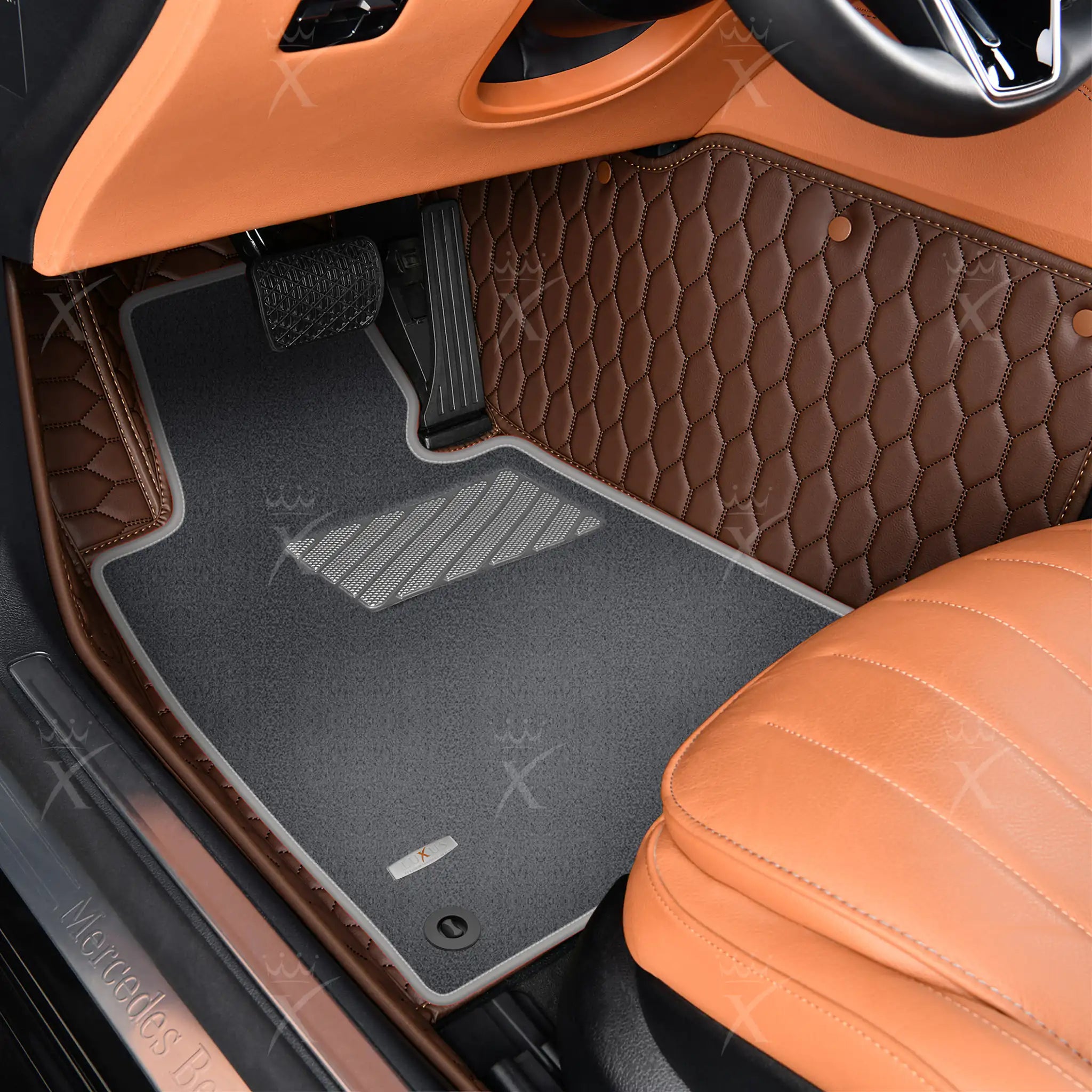 Chocolate Brown Honeycomb & Gray Carpet | Double Layer Luxury Car Mats Set