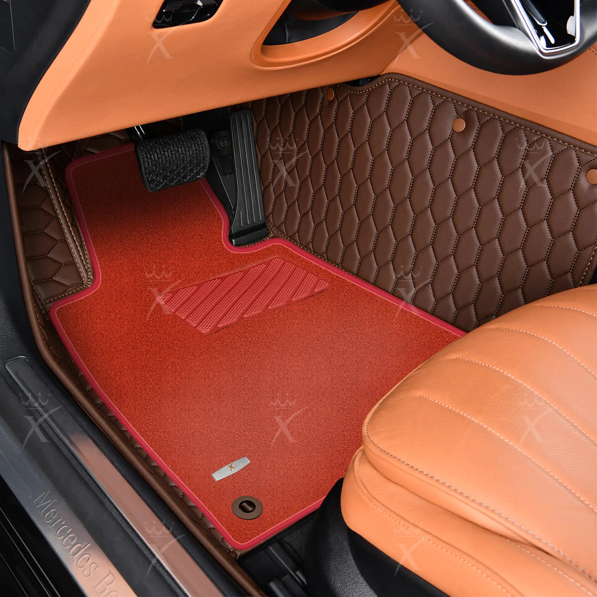 Chocolate Brown Honeycomb & Red Carpet | Double Layer Luxury Car Mats Set