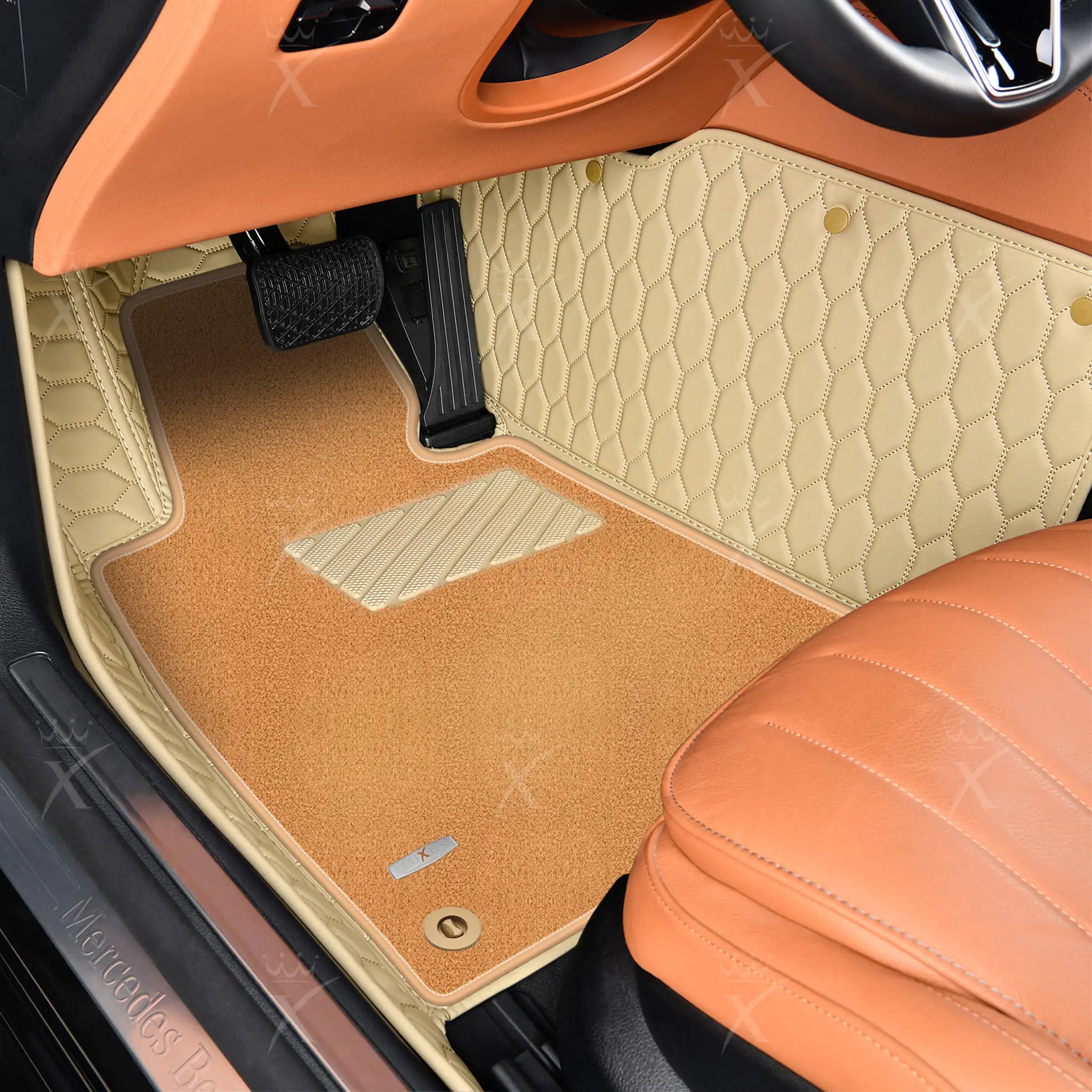 Cream Beige Honeycomb & Beige Carpet | Double Layer Luxury Car Mats Set