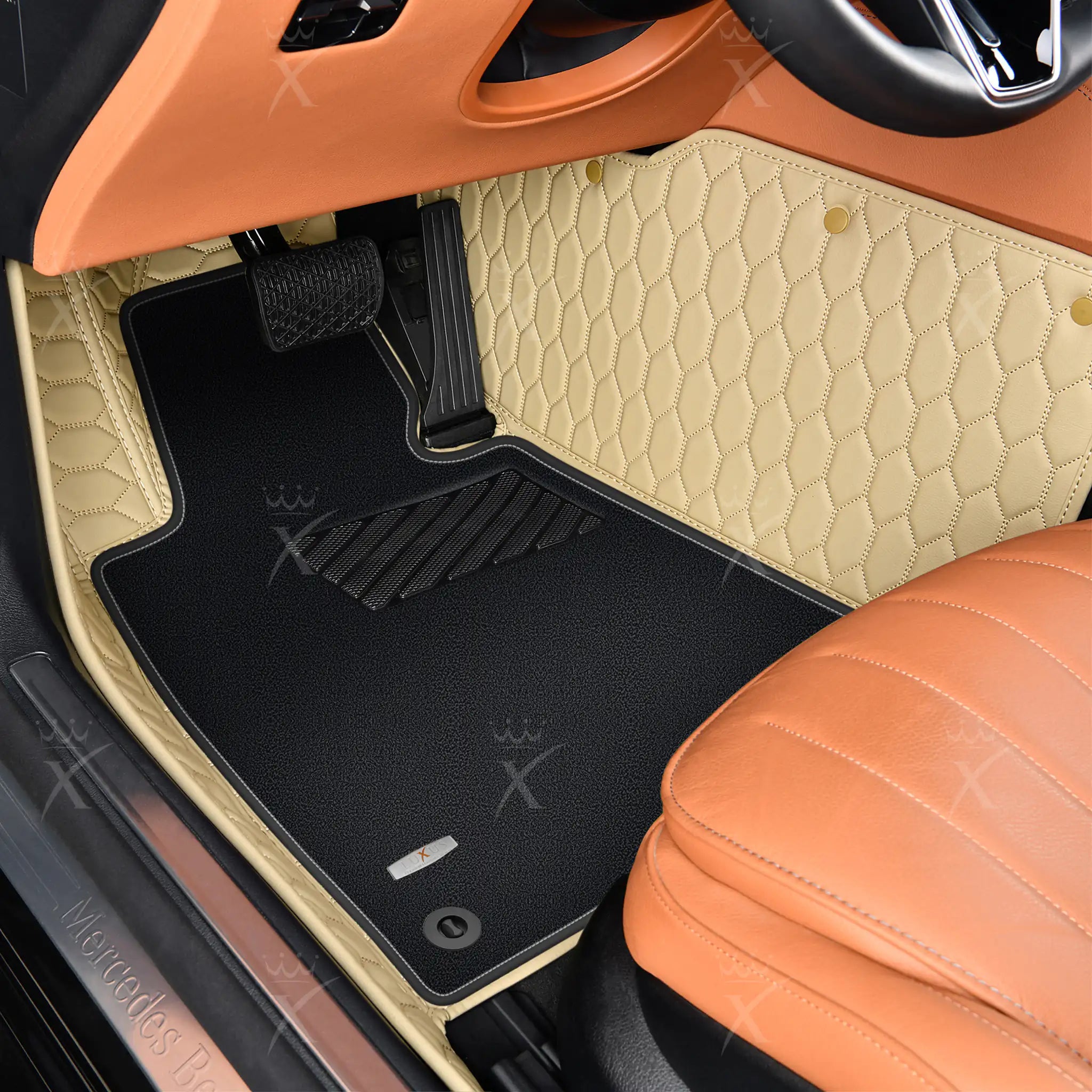 Cream Beige Honeycomb & Black Carpet | Double Layer Luxury Car Mats Set