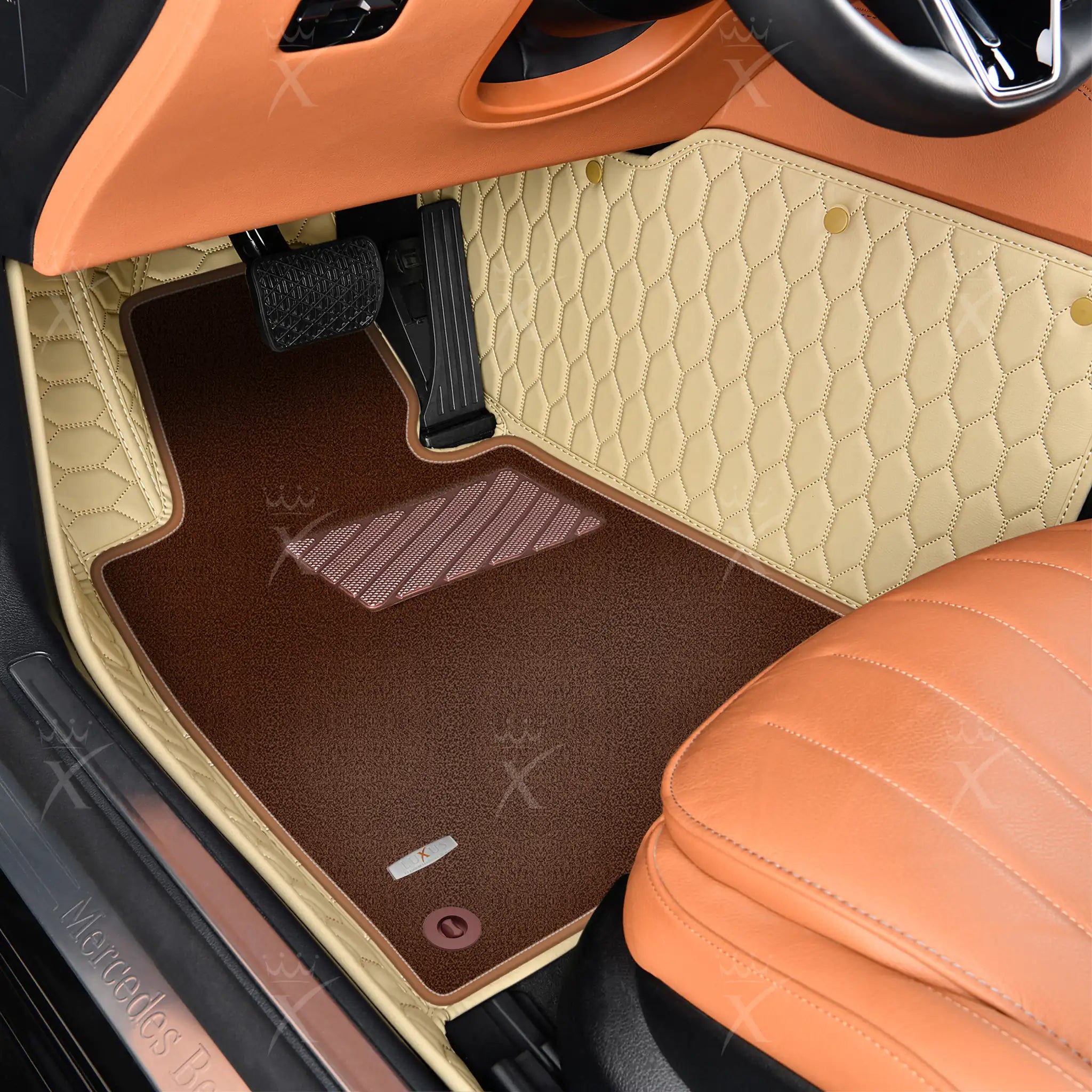 Cream Beige Honeycomb & Brown Carpet | Double Layer Luxury Car Mats Set