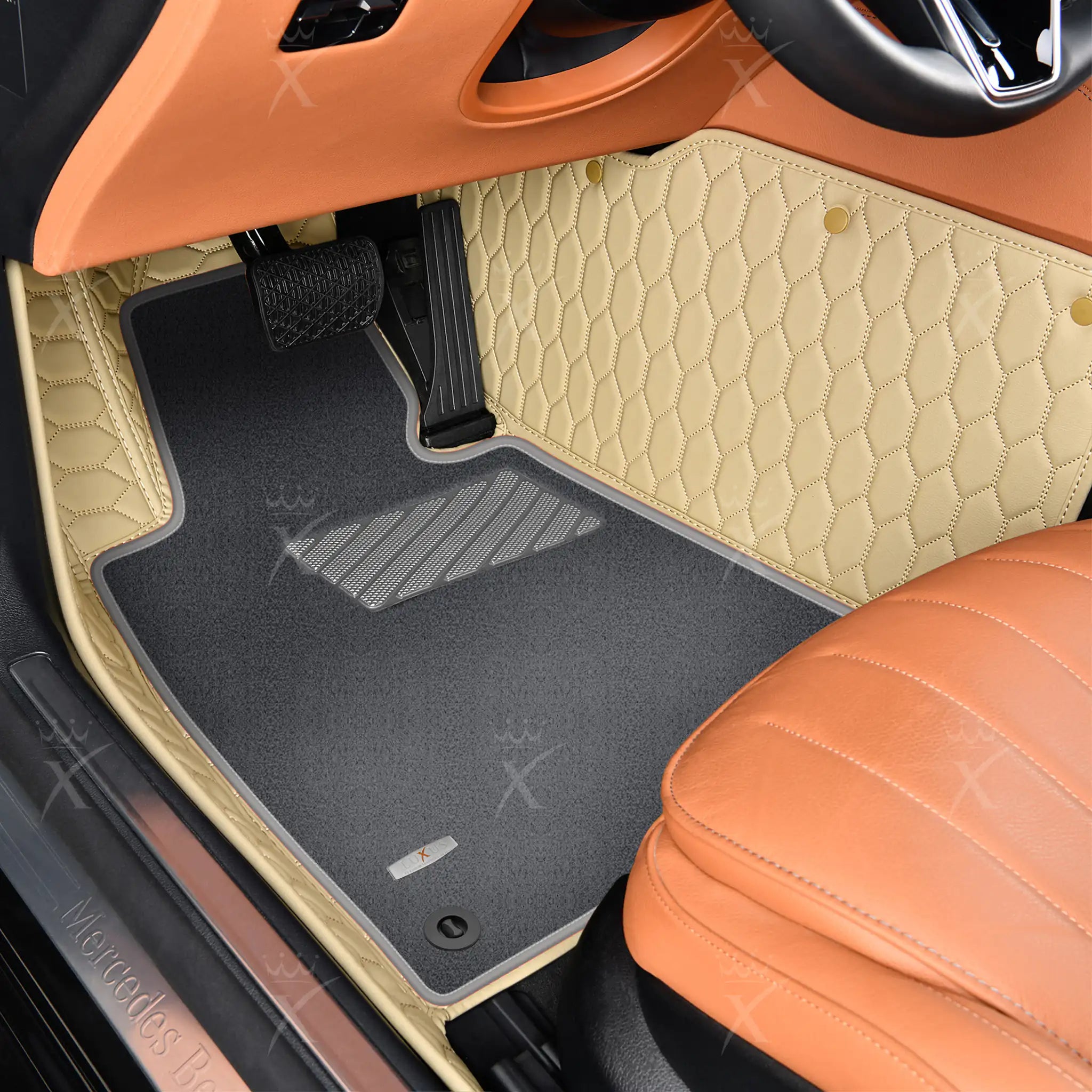 Cream Beige Honeycomb & Gray Carpet | Double Layer Luxury Car Mats Set