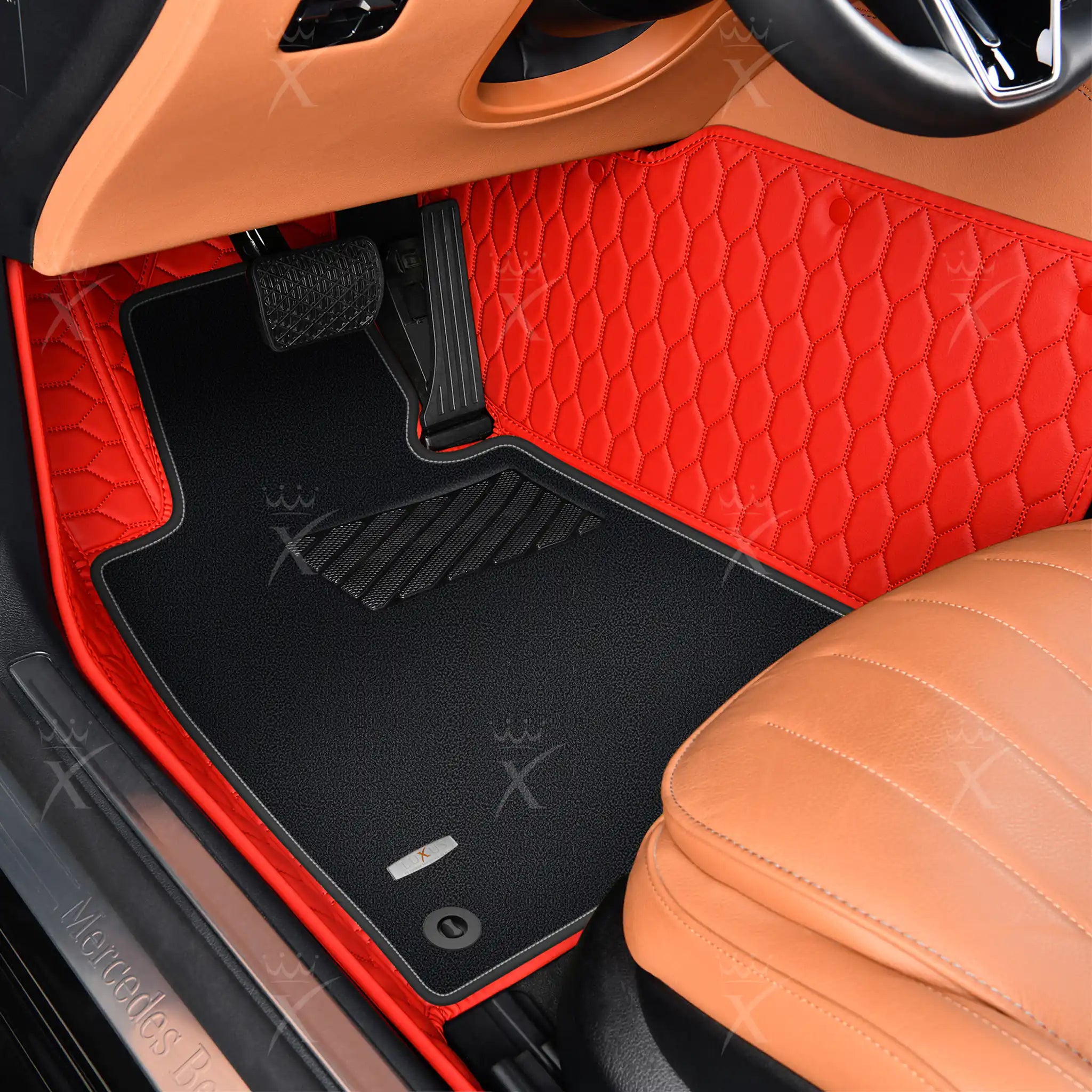 Ferrari Red Honeycomb & Black Carpet | Double Layer Luxury Car Mats Set