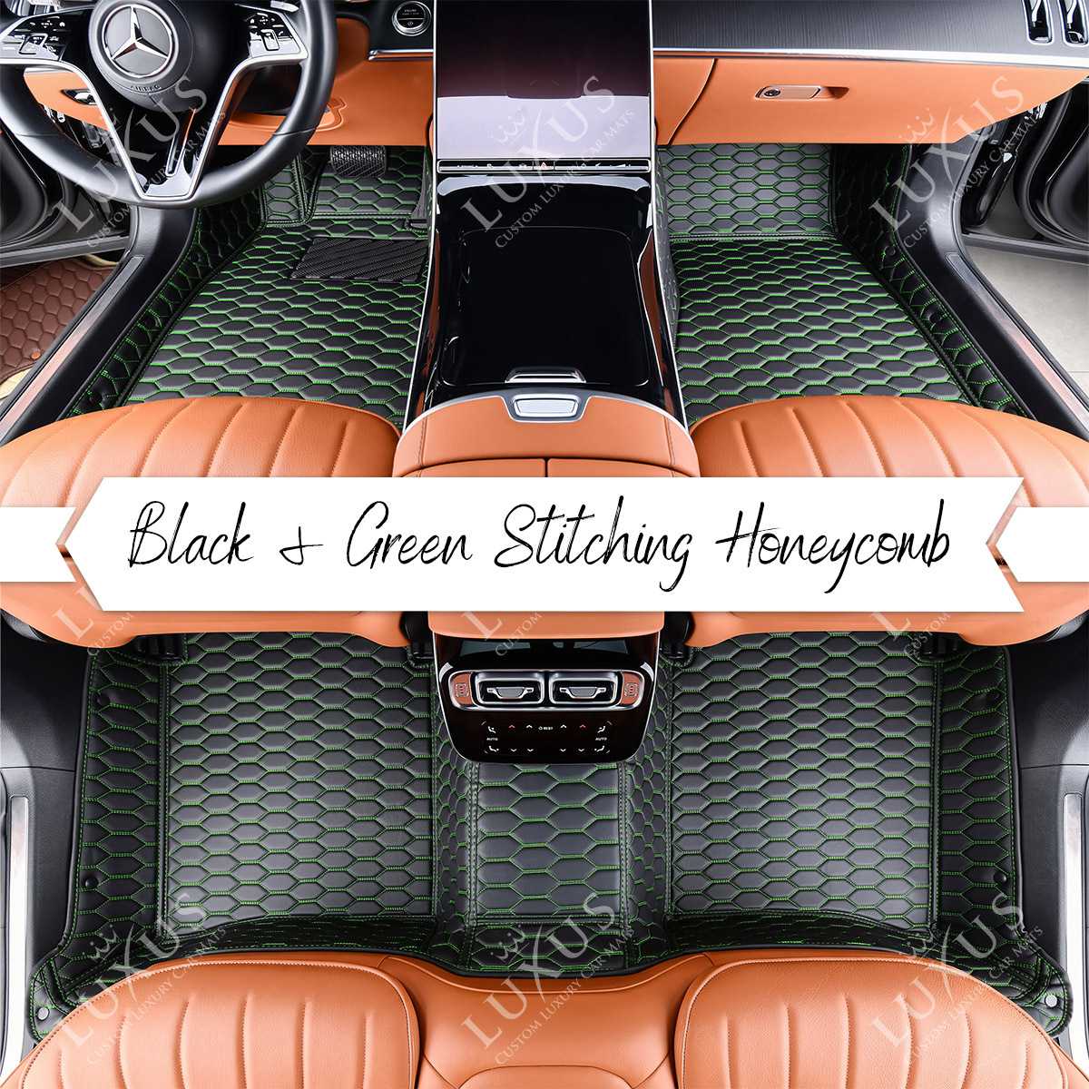 Luxus Premium Honeycomb Custom Car Mats Set | Black & Green Stitching