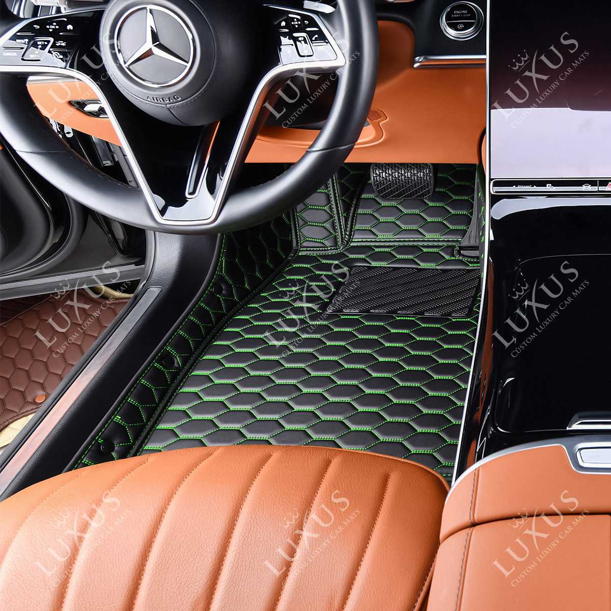 Luxus Premium Honeycomb Custom Car Mats Set | Black & Green Stitching