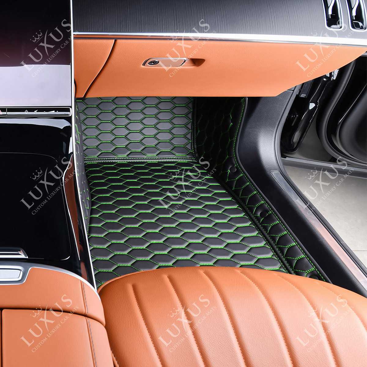 Luxus Premium Honeycomb Custom Car Mats Set | Black & Green Stitching