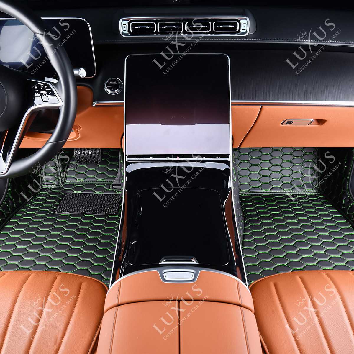 Luxus Premium Honeycomb Custom Car Mats Set | Black & Green Stitching