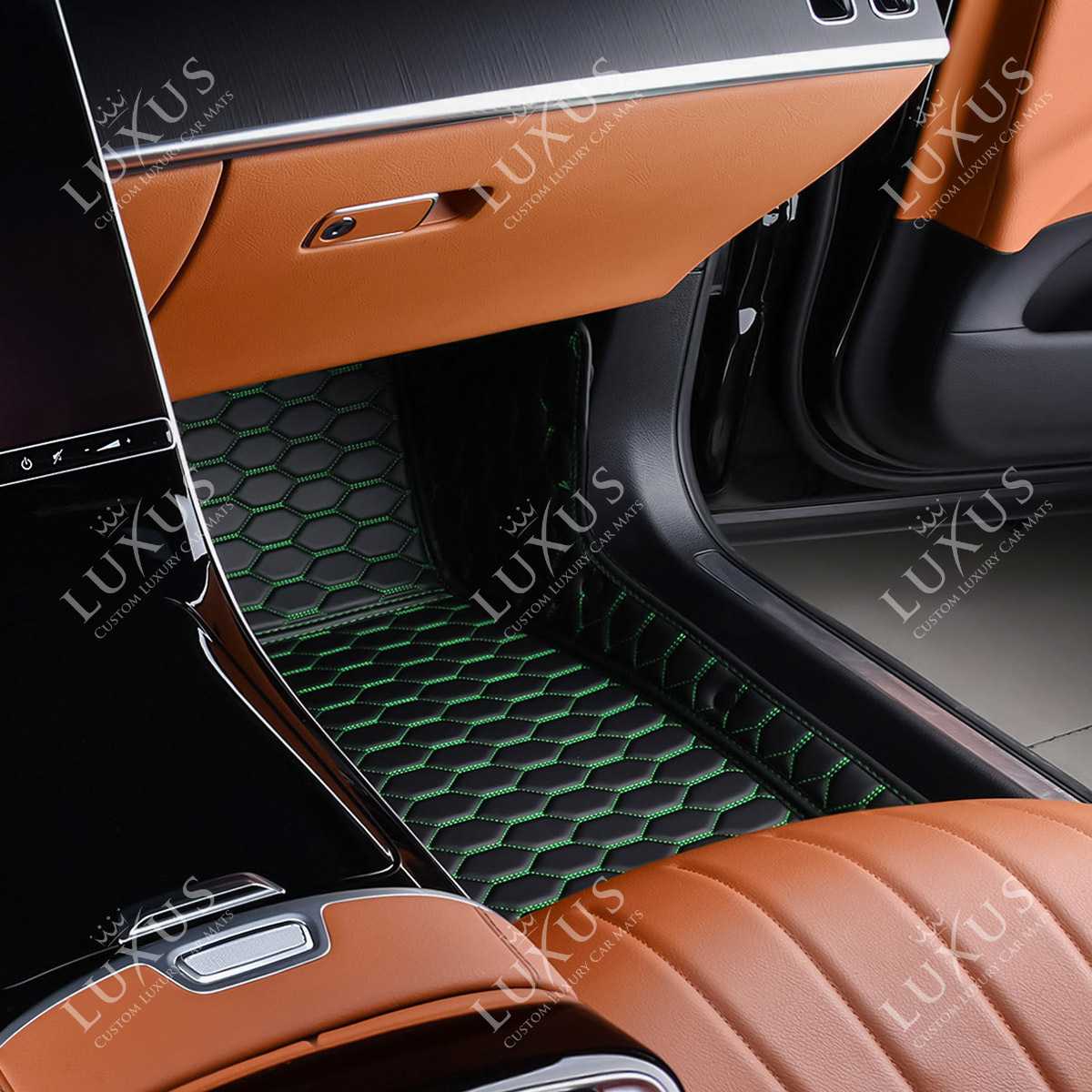 Luxus Premium Honeycomb Custom Car Mats Set | Black & Green Stitching