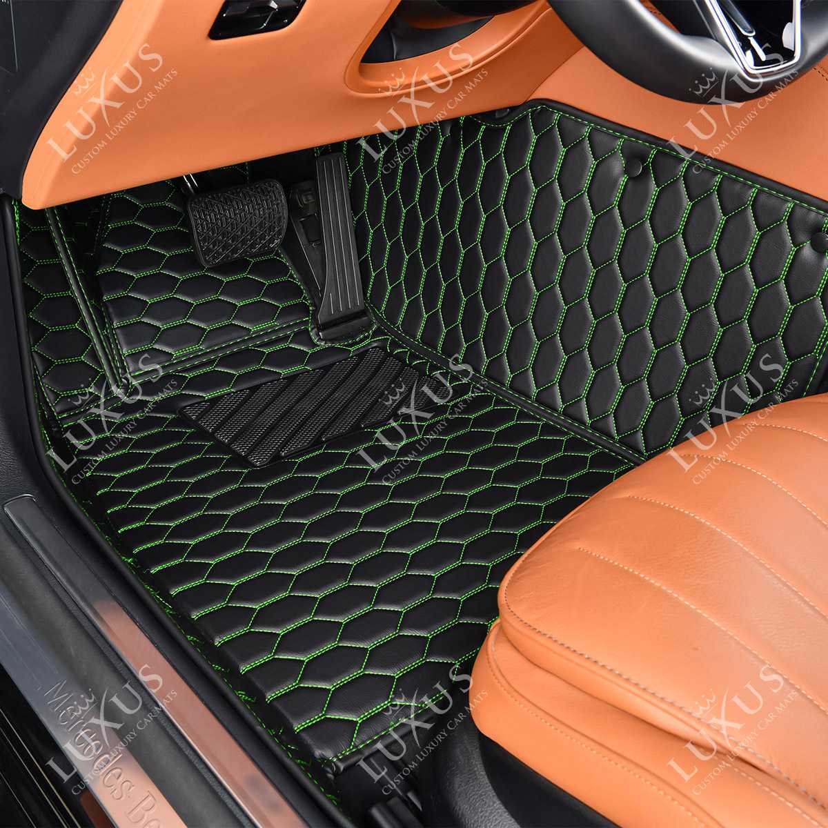 Luxus Premium Honeycomb Custom Car Mats Set | Black & Green Stitching