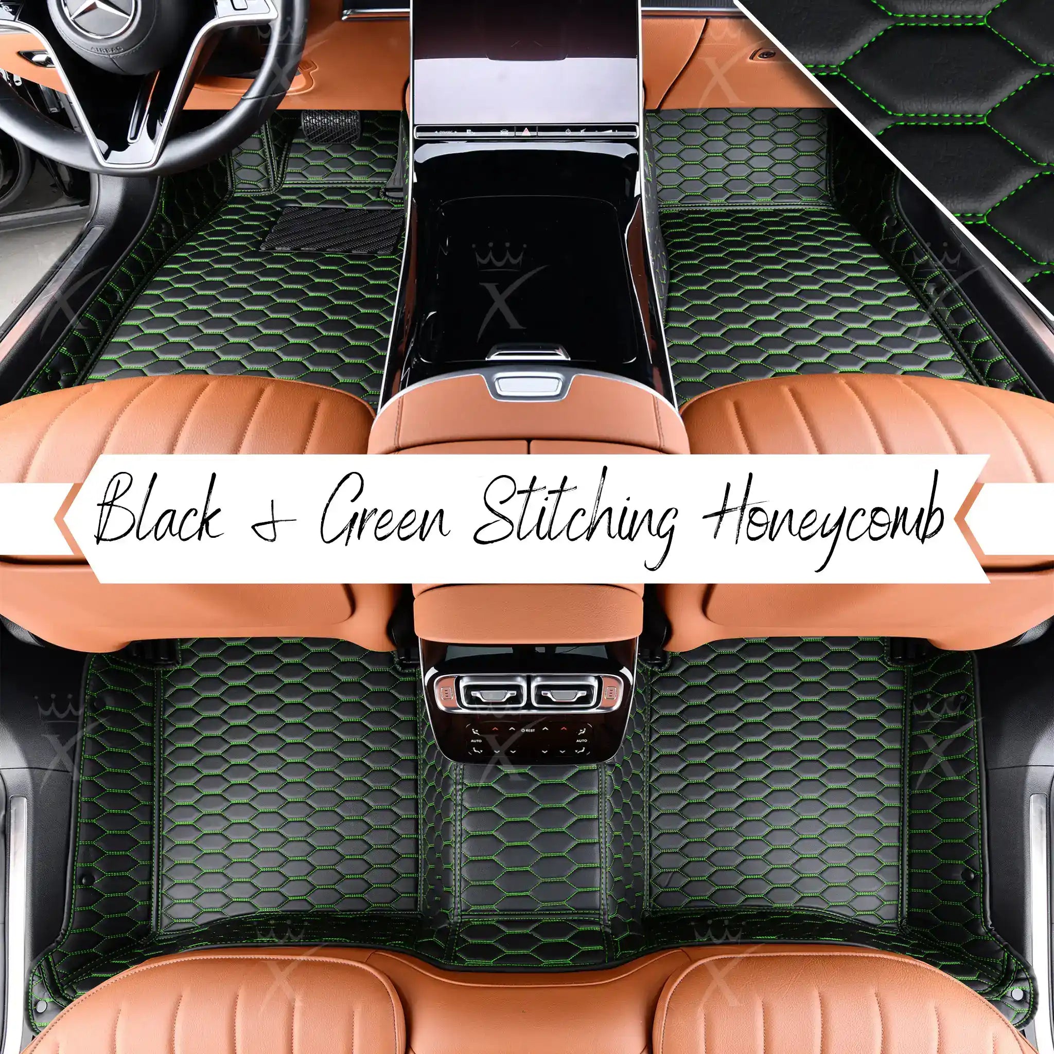 Luxus Premium Honeycomb Custom Car Mats Set | Black & Green Stitching
