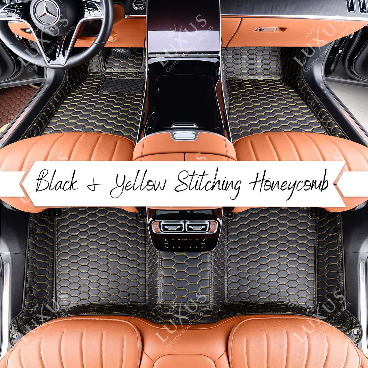 Luxus Premium Honeycomb Custom Car Mats Set | Black & Yellow Stitching