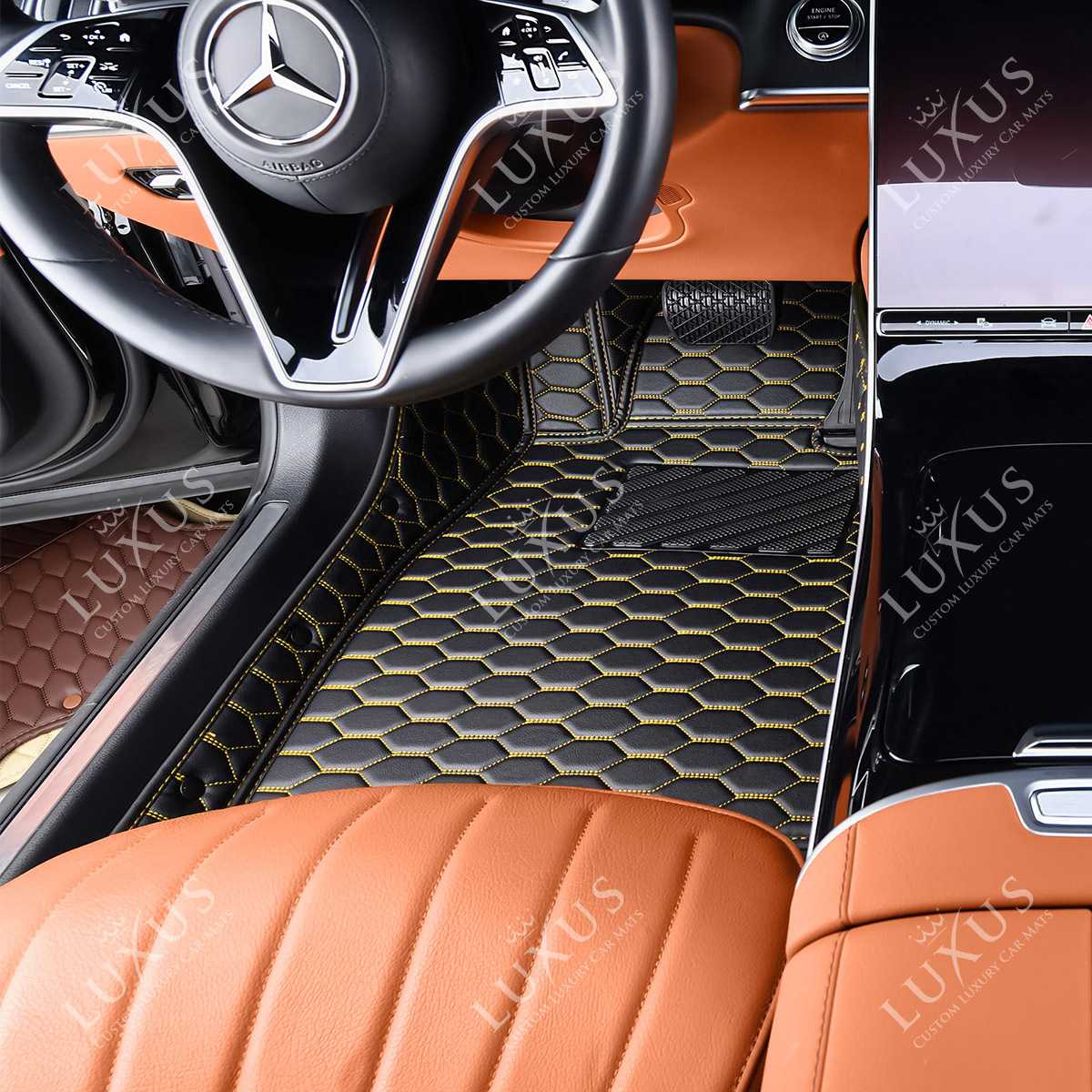 Luxus Premium Honeycomb Custom Car Mats Set | Black & Yellow Stitching