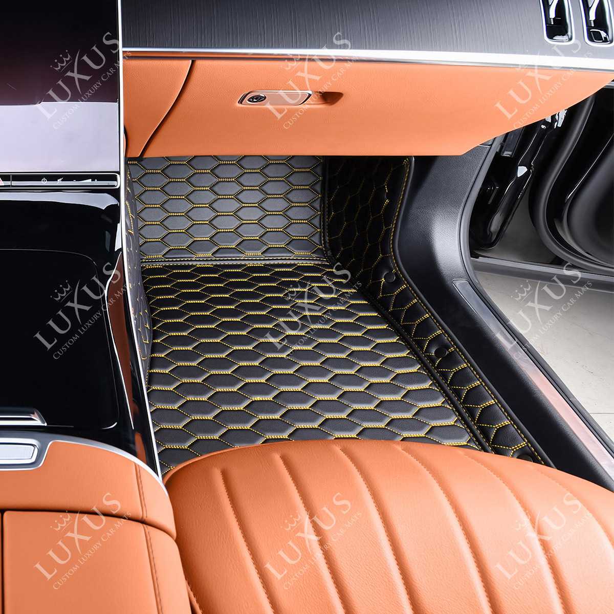 Luxus Premium Honeycomb Custom Car Mats Set | Black & Yellow Stitching