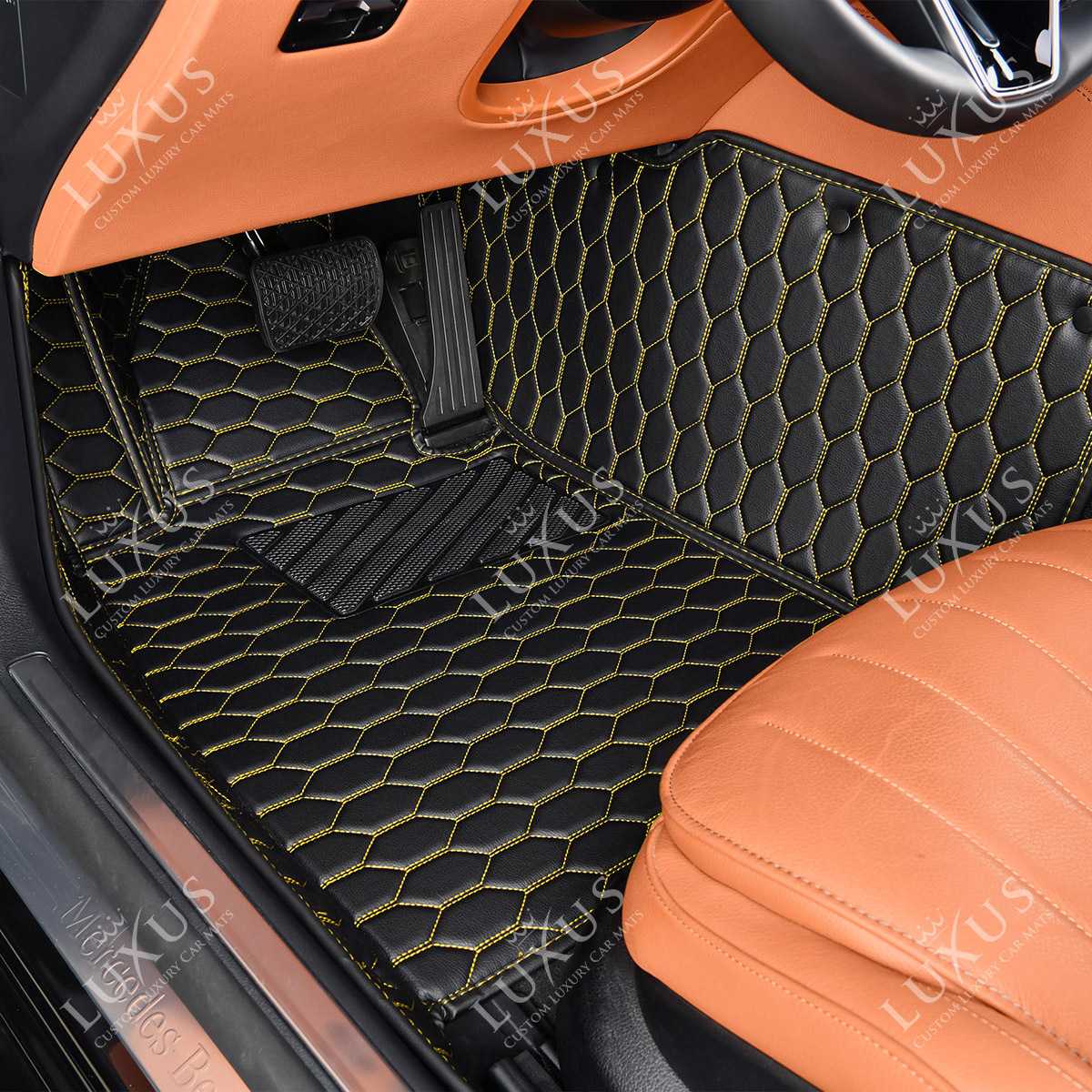 Luxus Premium Honeycomb Custom Car Mats Set | Black & Yellow Stitching