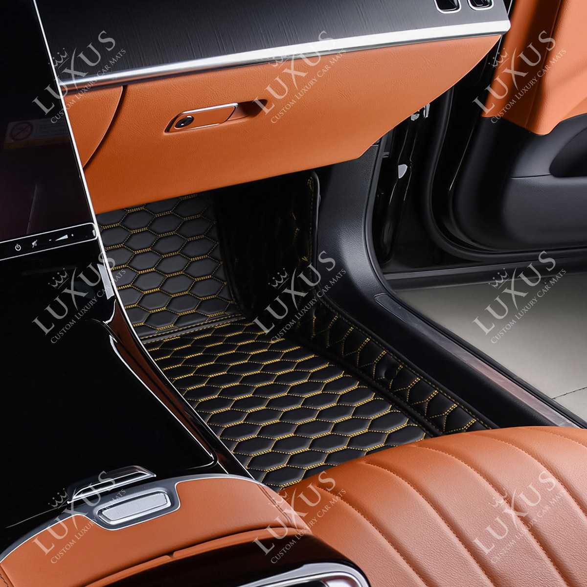 Luxus Premium Honeycomb Custom Car Mats Set | Black & Yellow Stitching