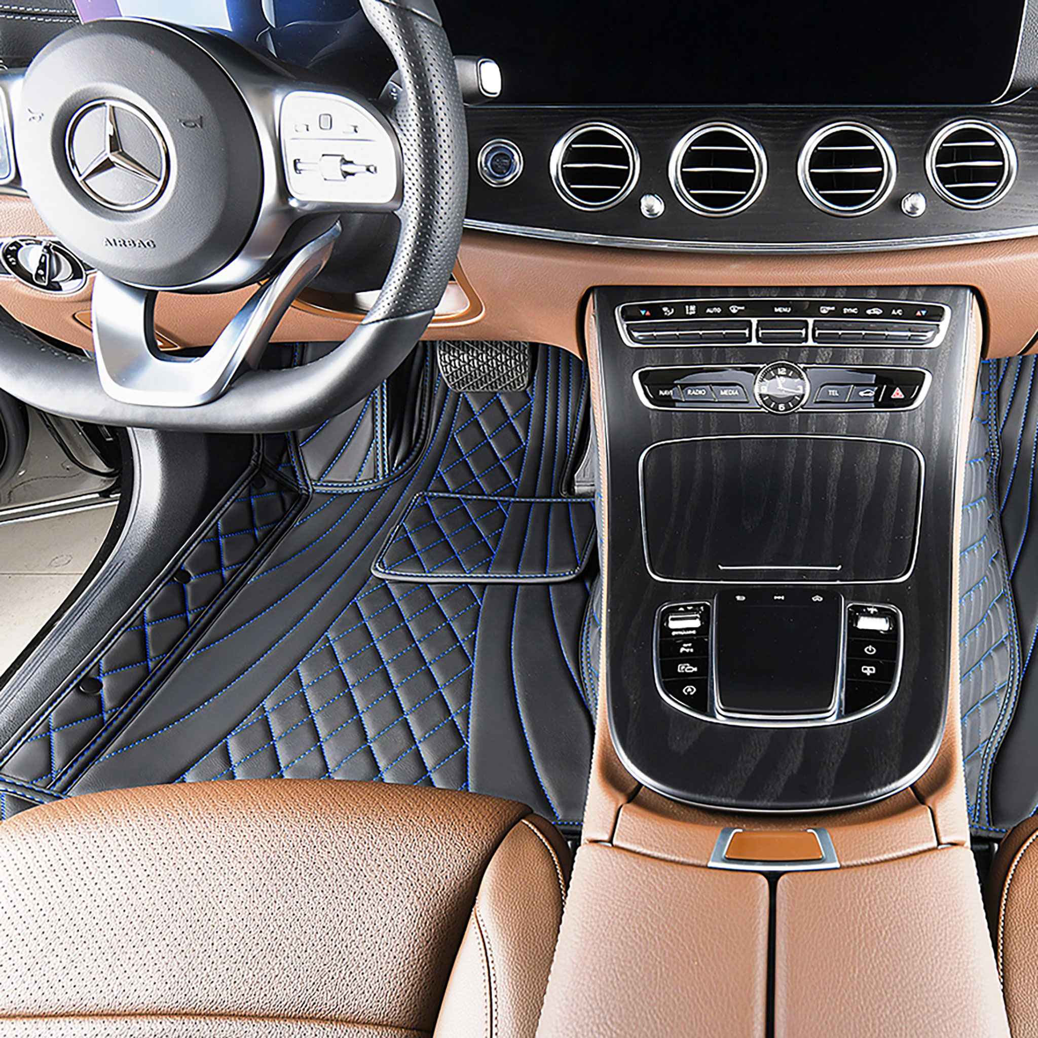 NEW Black & Blue Stitching Hybrid Luxury Car Mats Set