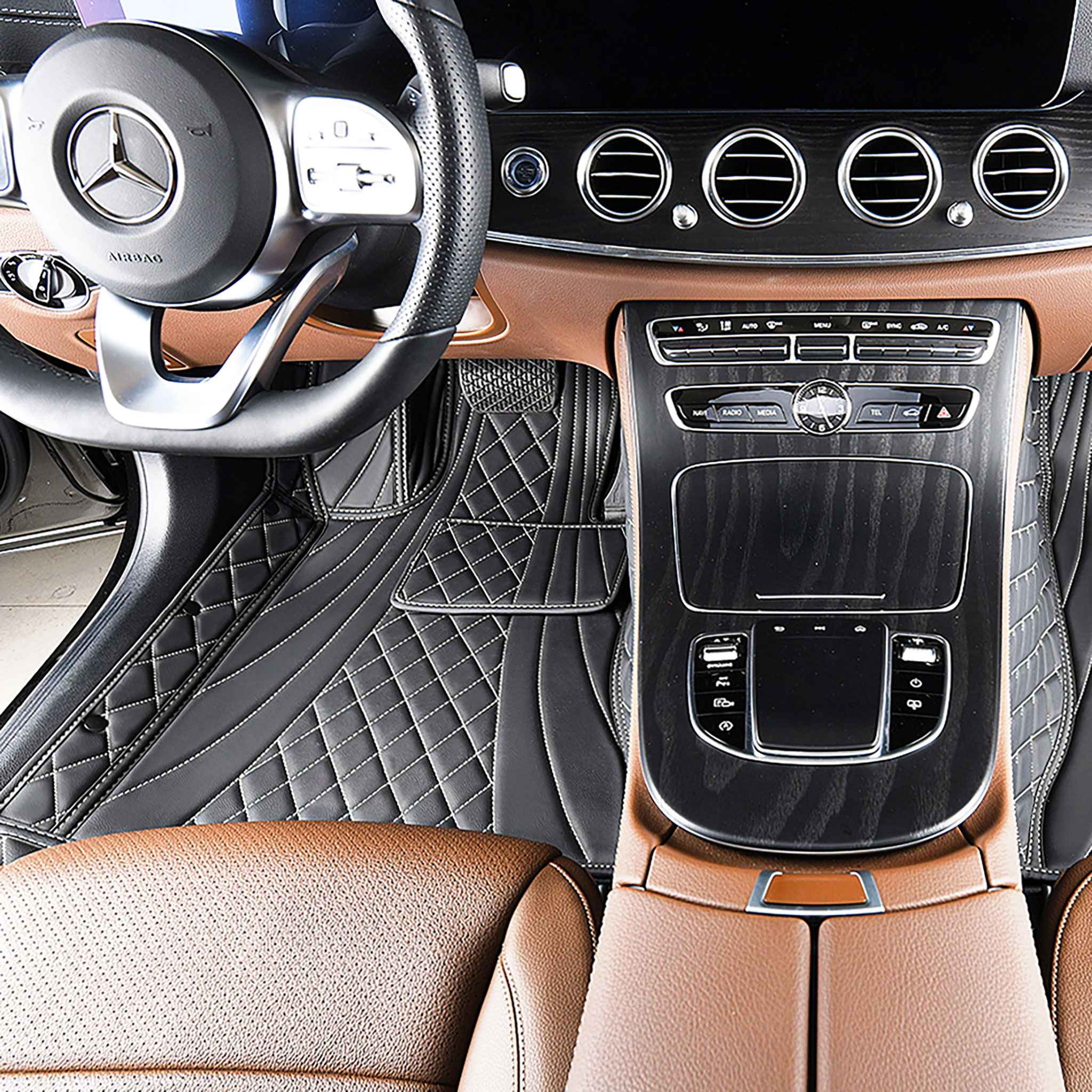 NEW Black & White Stitching Hybrid Luxury Car Mats Set