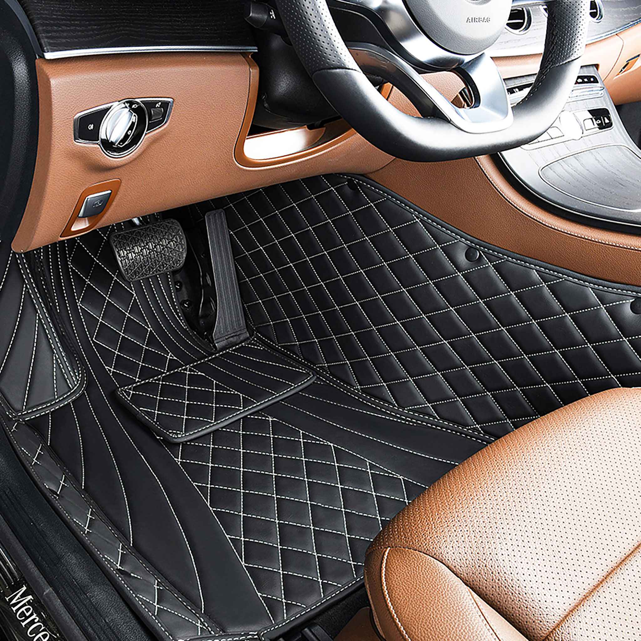 NEW Black & White Stitching Hybrid Luxury Car Mats Set