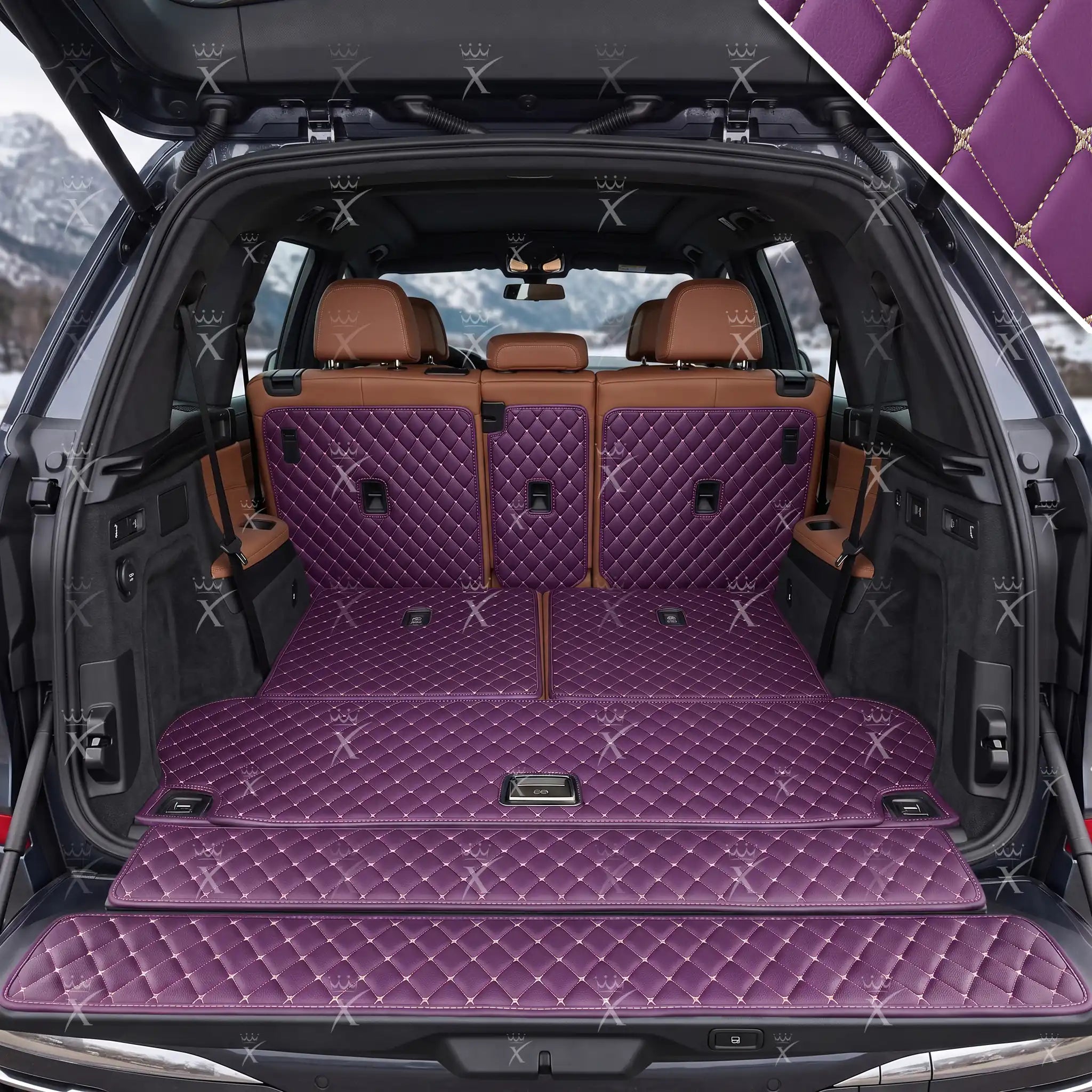 Luxus Car Mats™ - Tapete para maletero/maletero de cuero de lujo con costuras negras y negras en 3D