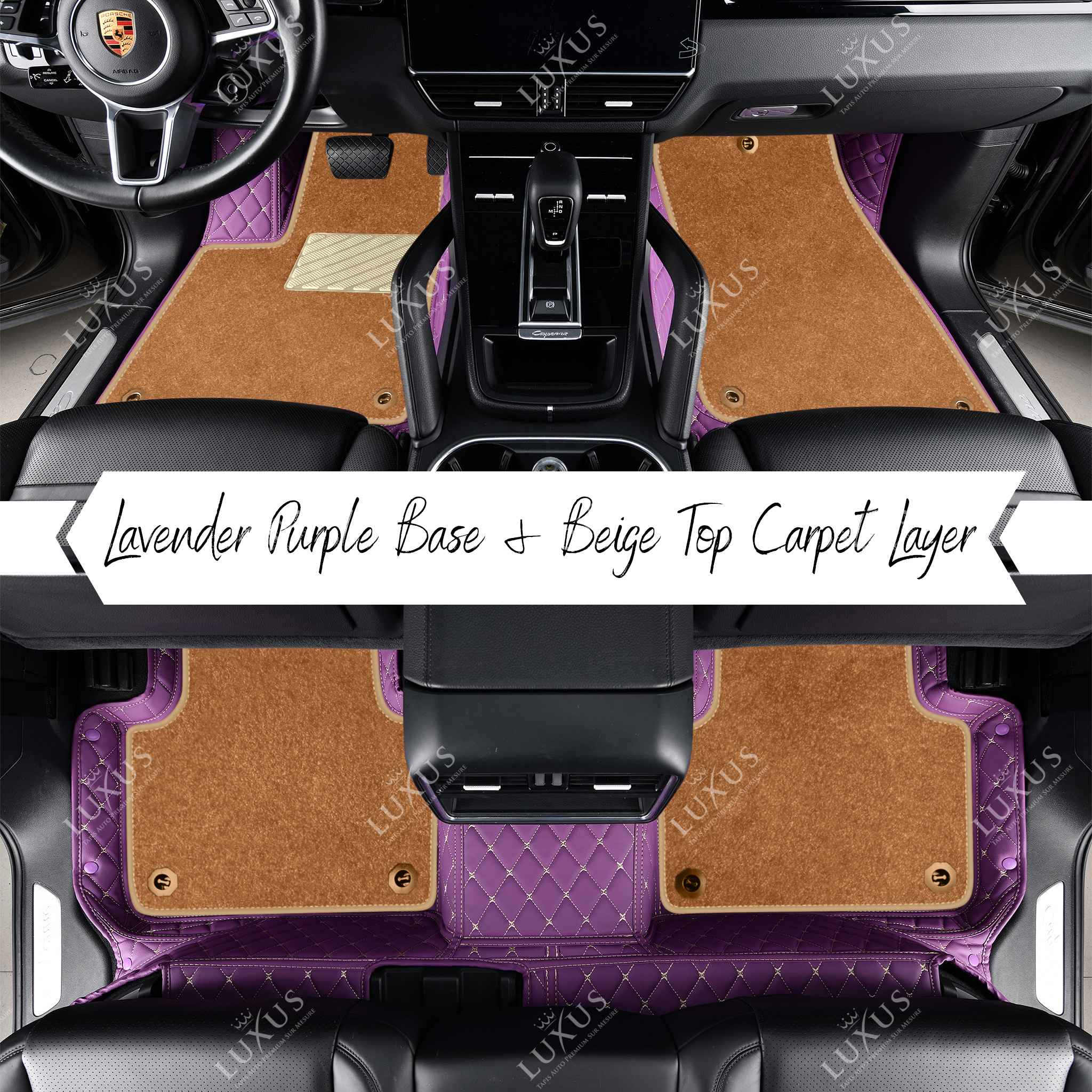 Lavender Purple Diamond Base & Beige Top Carpet Double Layer Luxury Car Mats Set