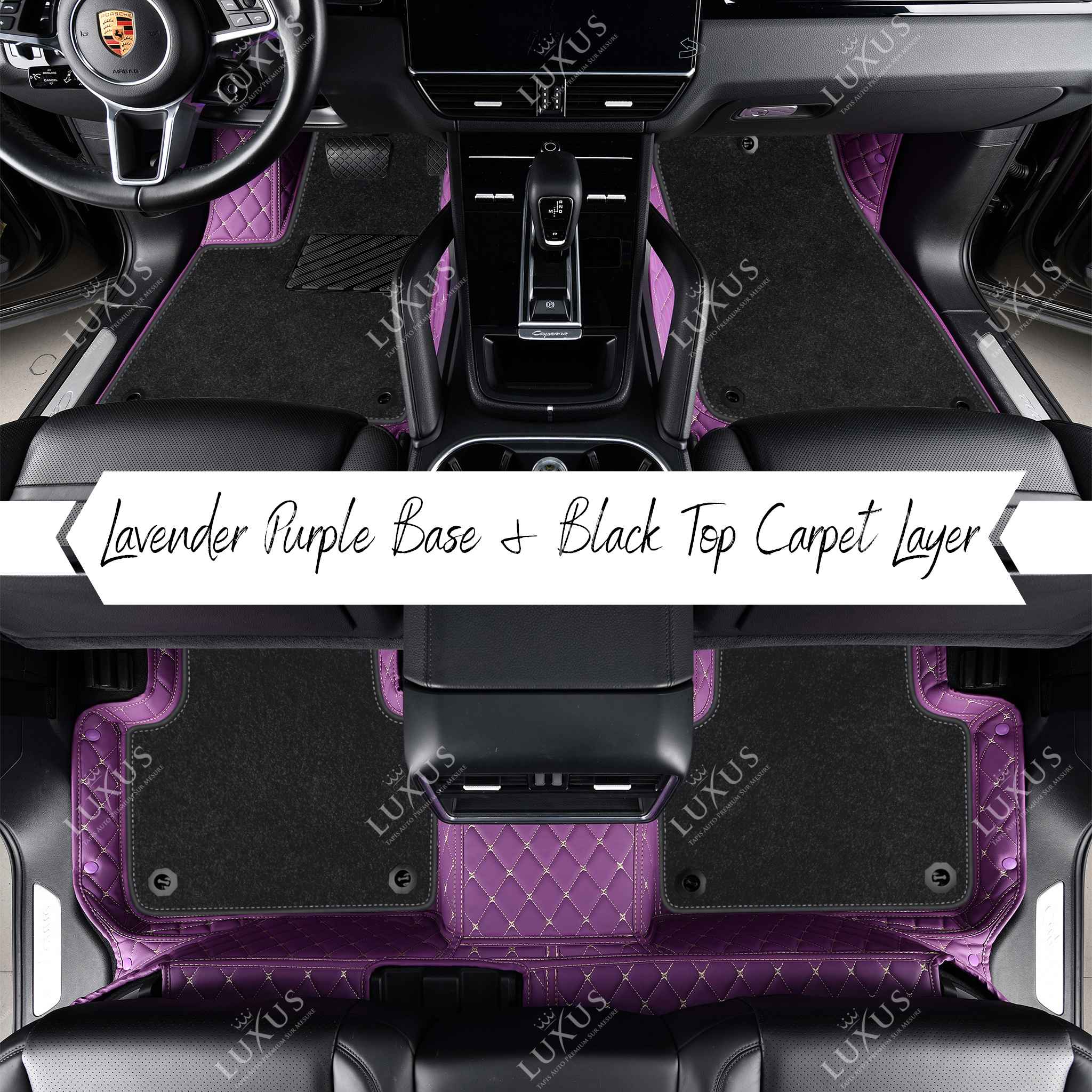 Lavender Purple Diamond Base & Black Top Carpet Double Layer Luxury Car Mats Set