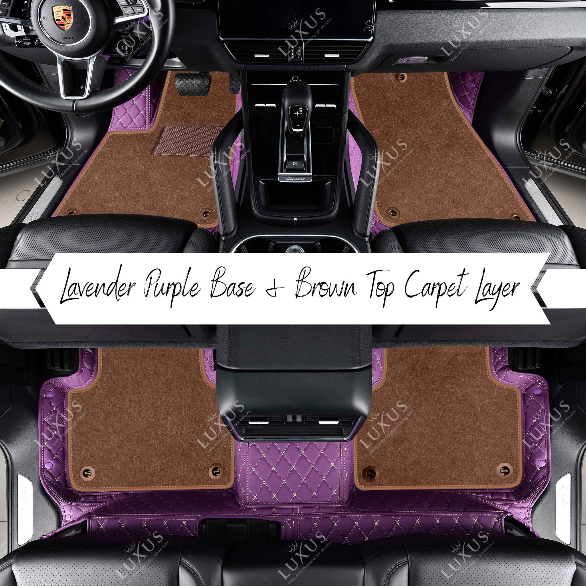 Lavender Purple Diamond Base & Brown Top Carpet Double Layer Luxury Car Mats Set