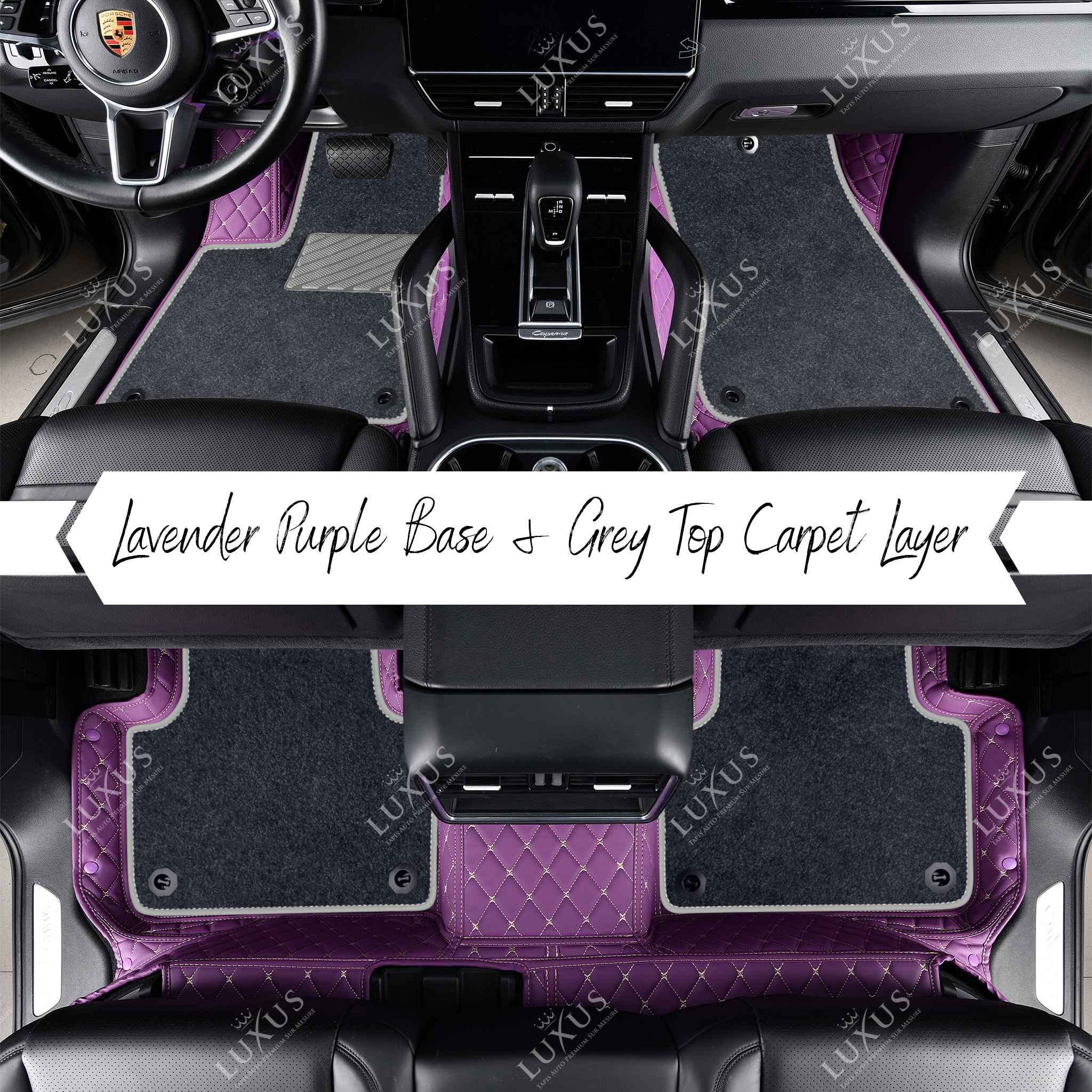 Lavender Purple Diamond Base & Grey Top Carpet Double Layer Luxury Car Mats Set