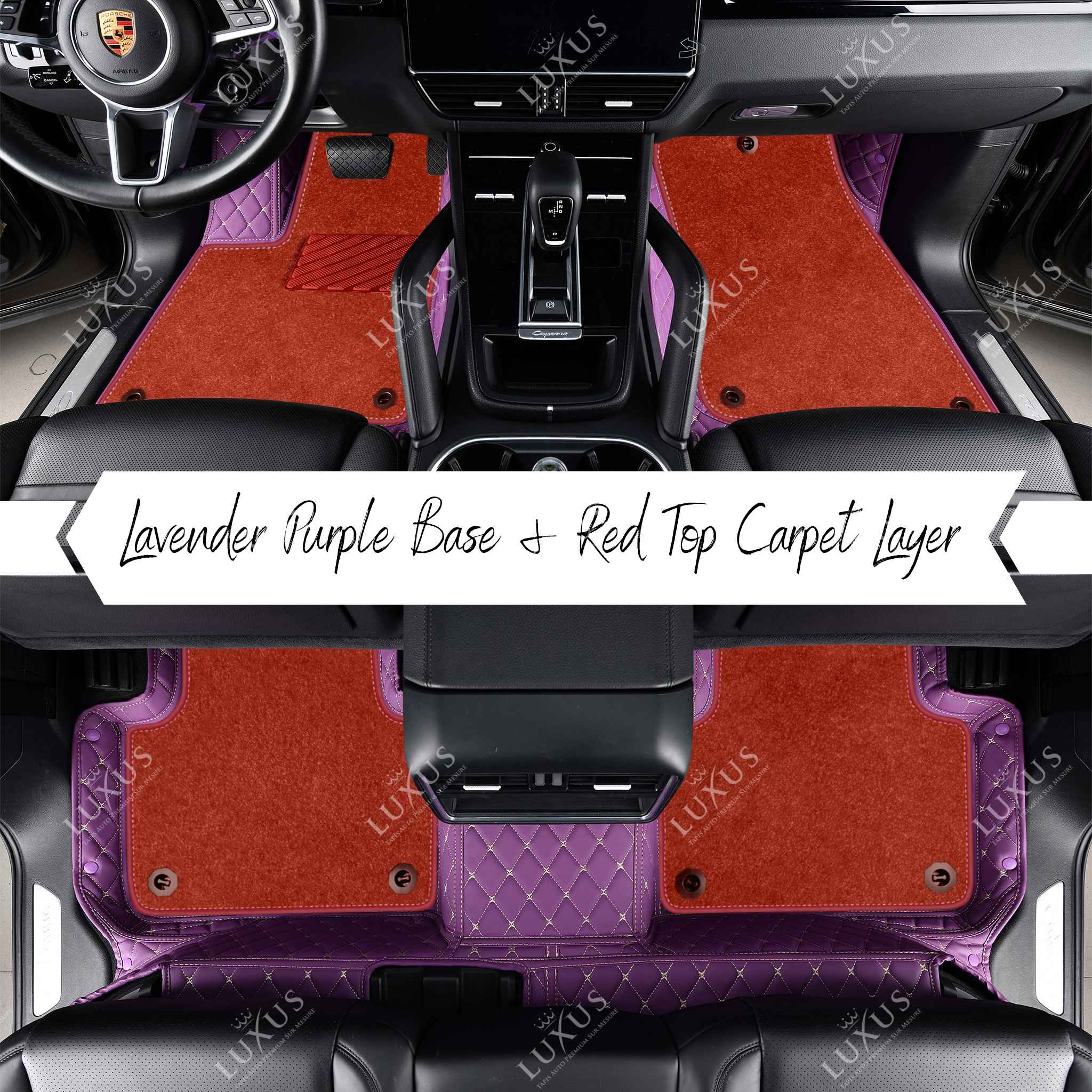 Lavender Purple Diamond & Red Carpet | Double Layer Luxury Car Mats Set