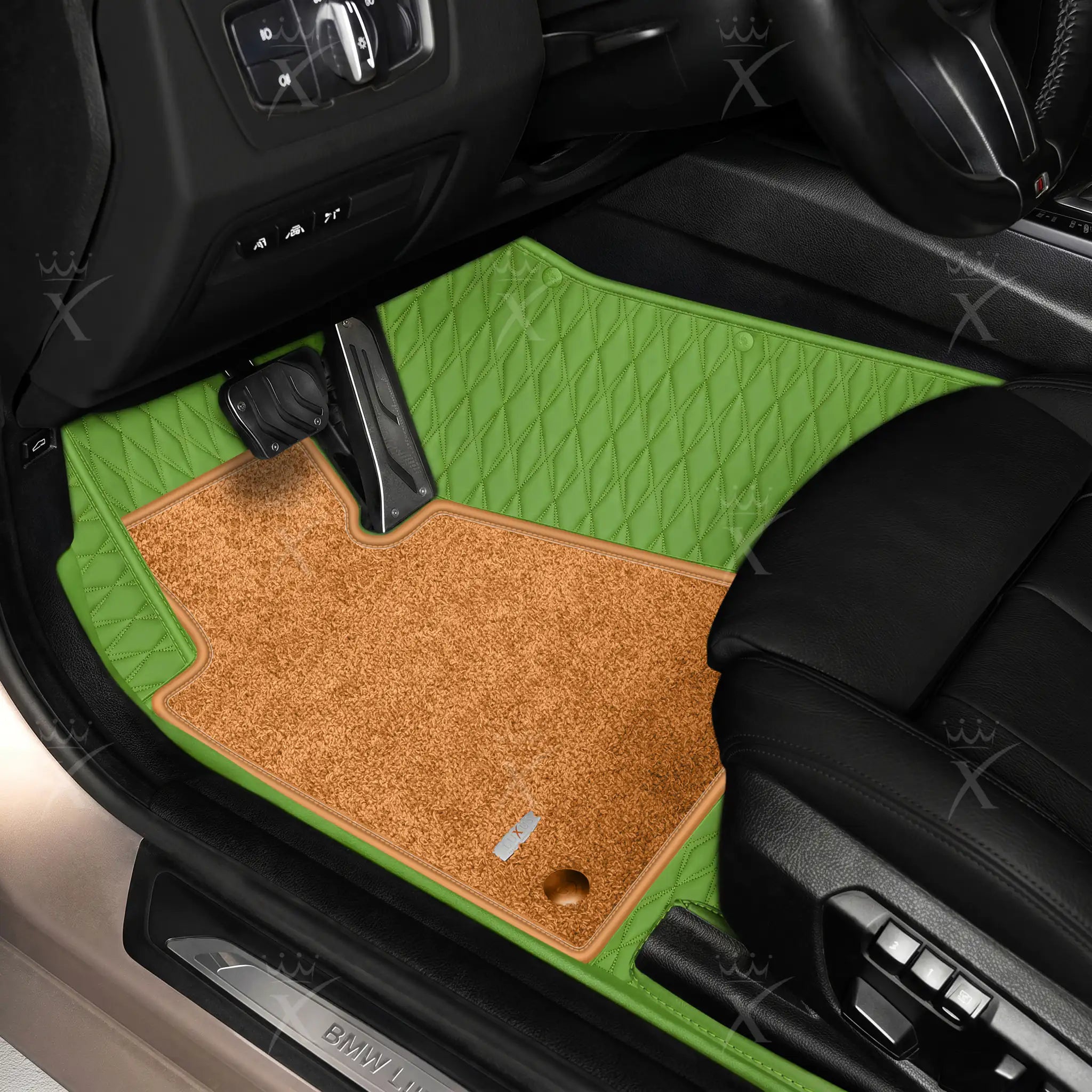Luxus Twin-Diamond Double Layer Series Floor Mats | Lime Green & Cognac Tan Top Carpet