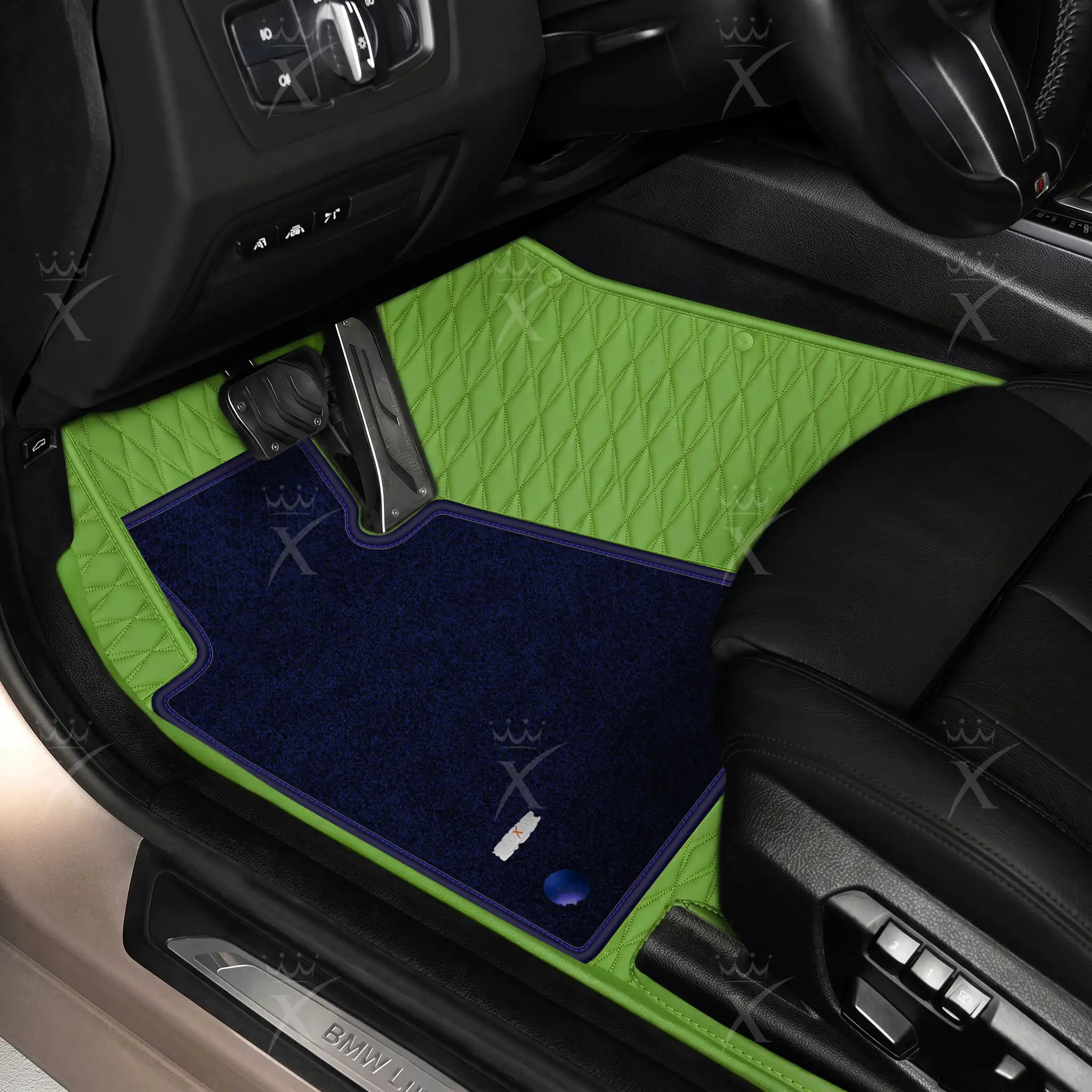 Luxus Twin-Diamond Double Layer Series Floor Mats | Lime Green & Midnight Navy Top Carpet