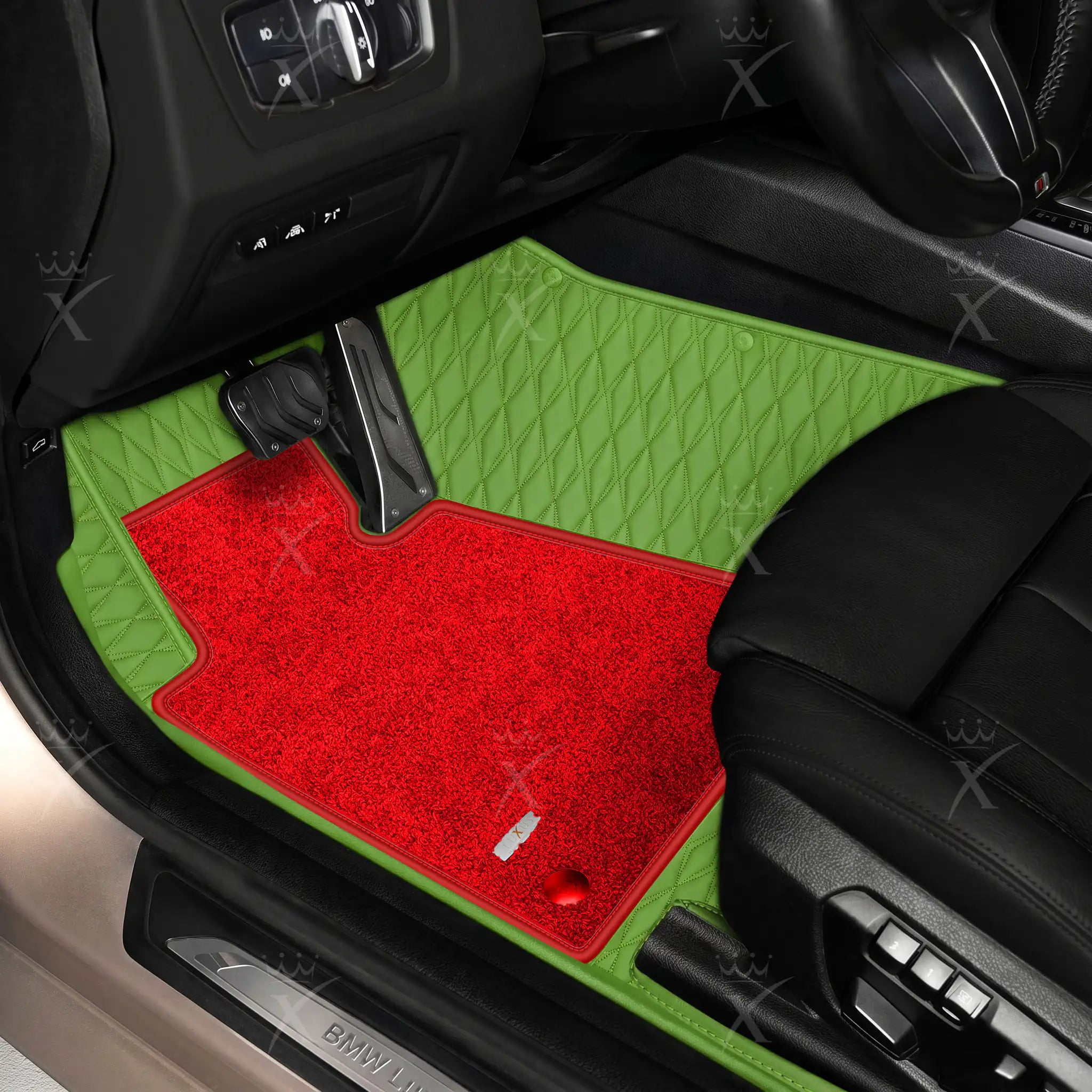 Luxus Twin-Diamond Double Layer Series Floor Mats | Lime Green & Rosso Corsa Top Carpet