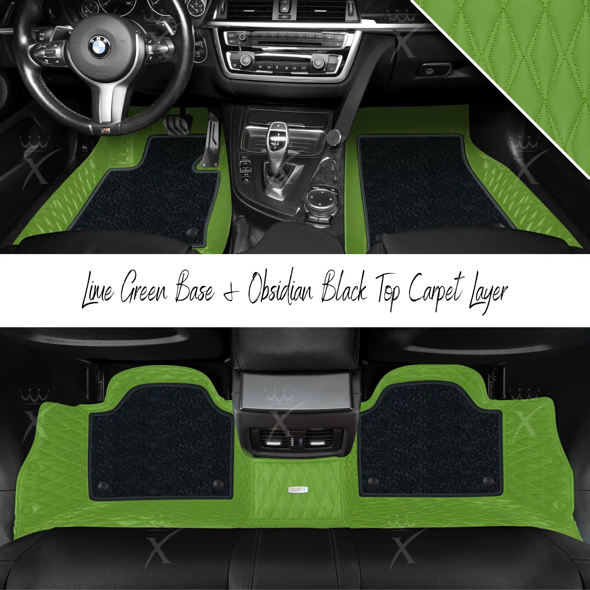 Lime Green Twin Diamond & Obsidian Black Carpet | Double Layer Luxury Car Mats Set