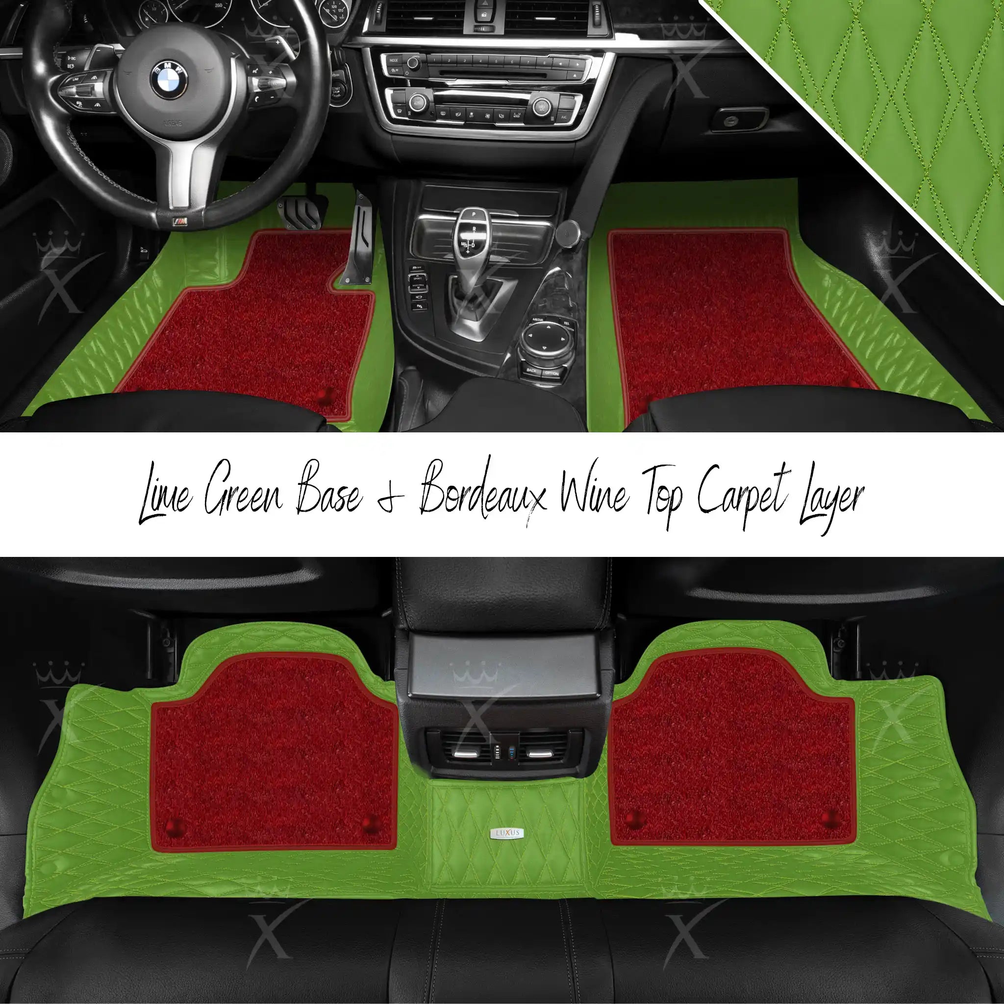Lime Green Twin Diamond & Bordeaux Wine Carpet | Double Layer Luxury Car Mats Set