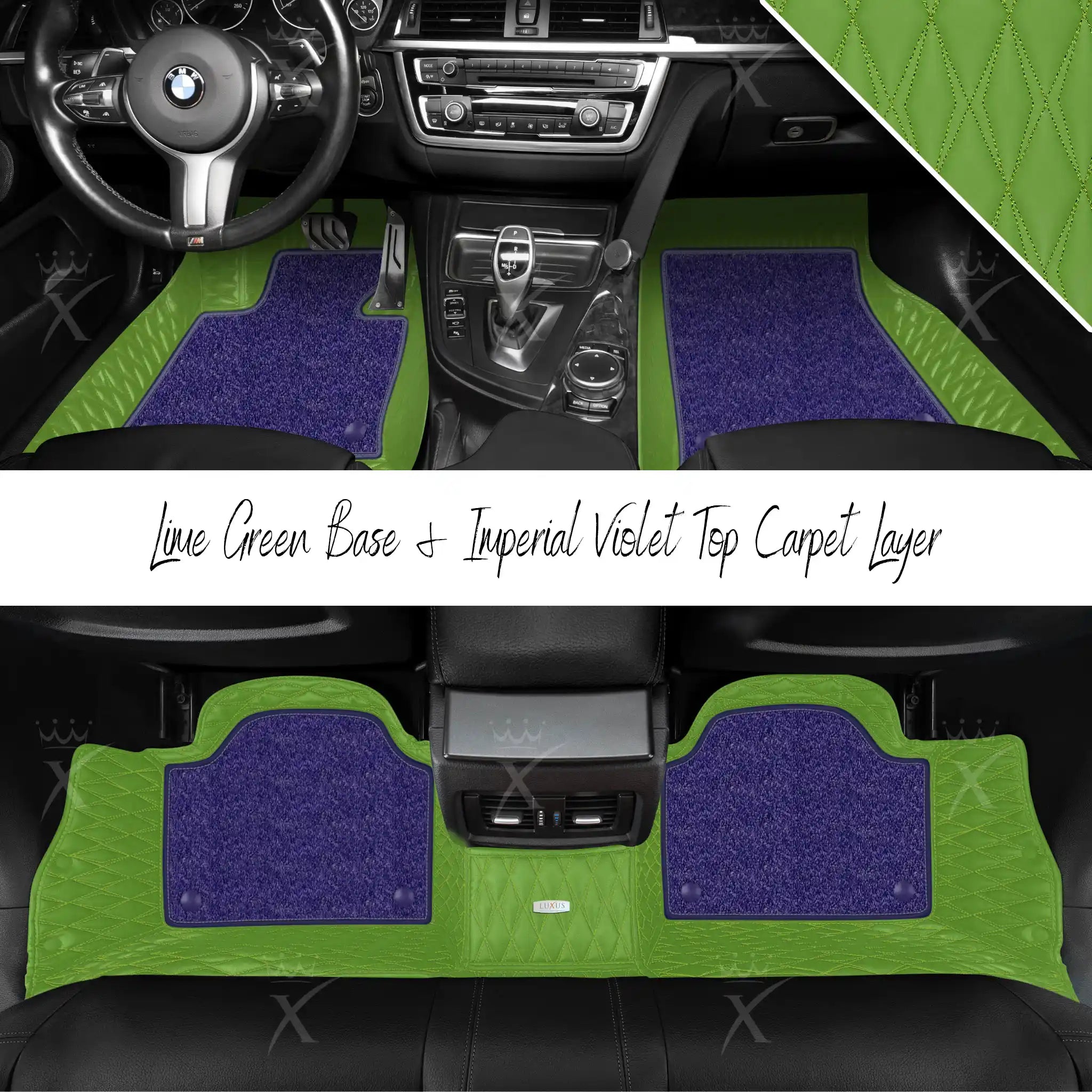 Lime Green Twin Diamond & Imperial Violet Carpet | Double Layer Luxury Car Mats Set