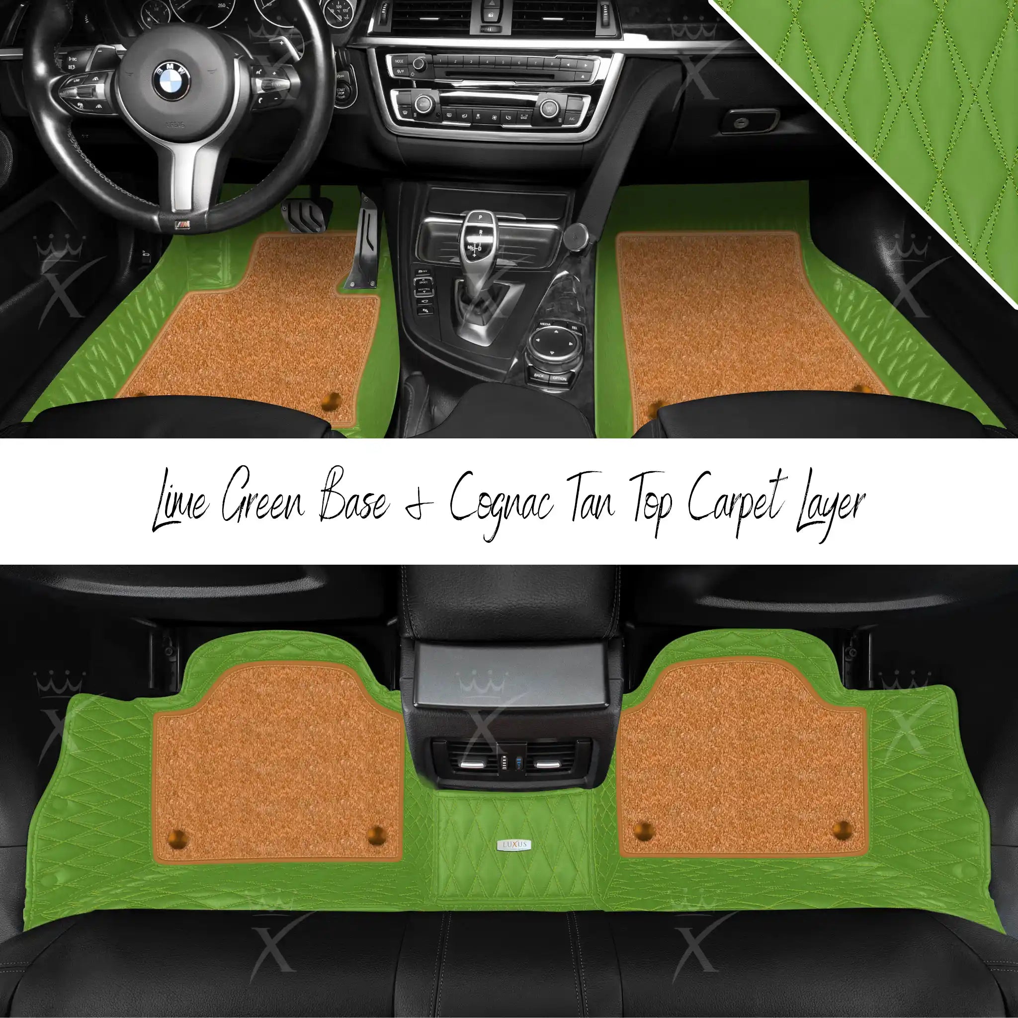 Lime Green Twin Diamond & Cognac Tan Carpet | Double Layer Luxury Car Mats Set