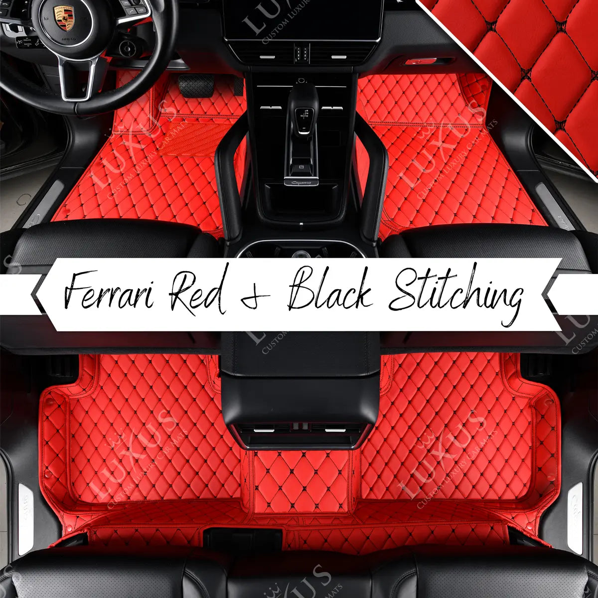 Luxus Premium Diamond Custom Car Mats Set | Ferrari Red & Black Stitching