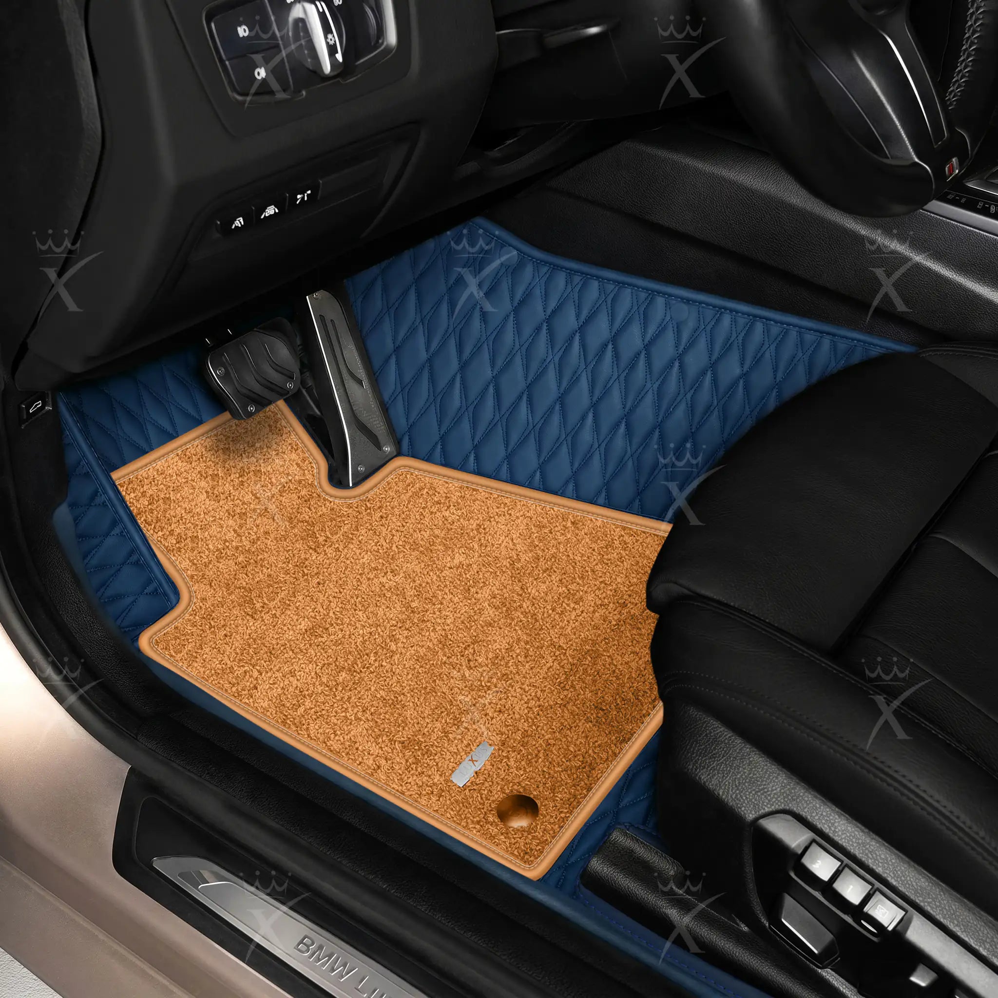 Luxus Twin-Diamond Double Layer Series Floor Mats | Midnight Blue & Cognac Tan Top Carpet