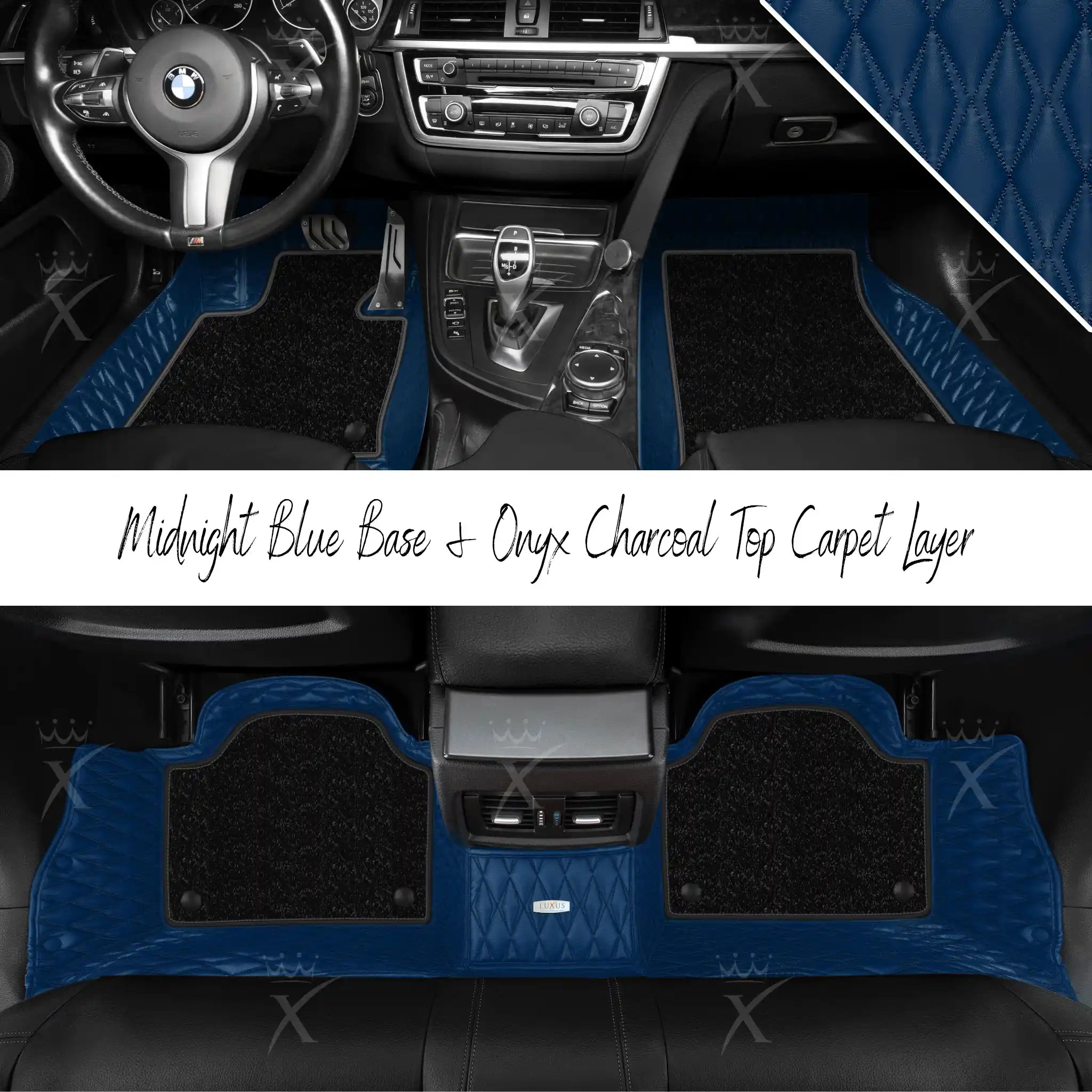 Midnight Blue Twin Diamond & Onyx Charcoal Carpet | Double Layer Luxury Car Mats Set