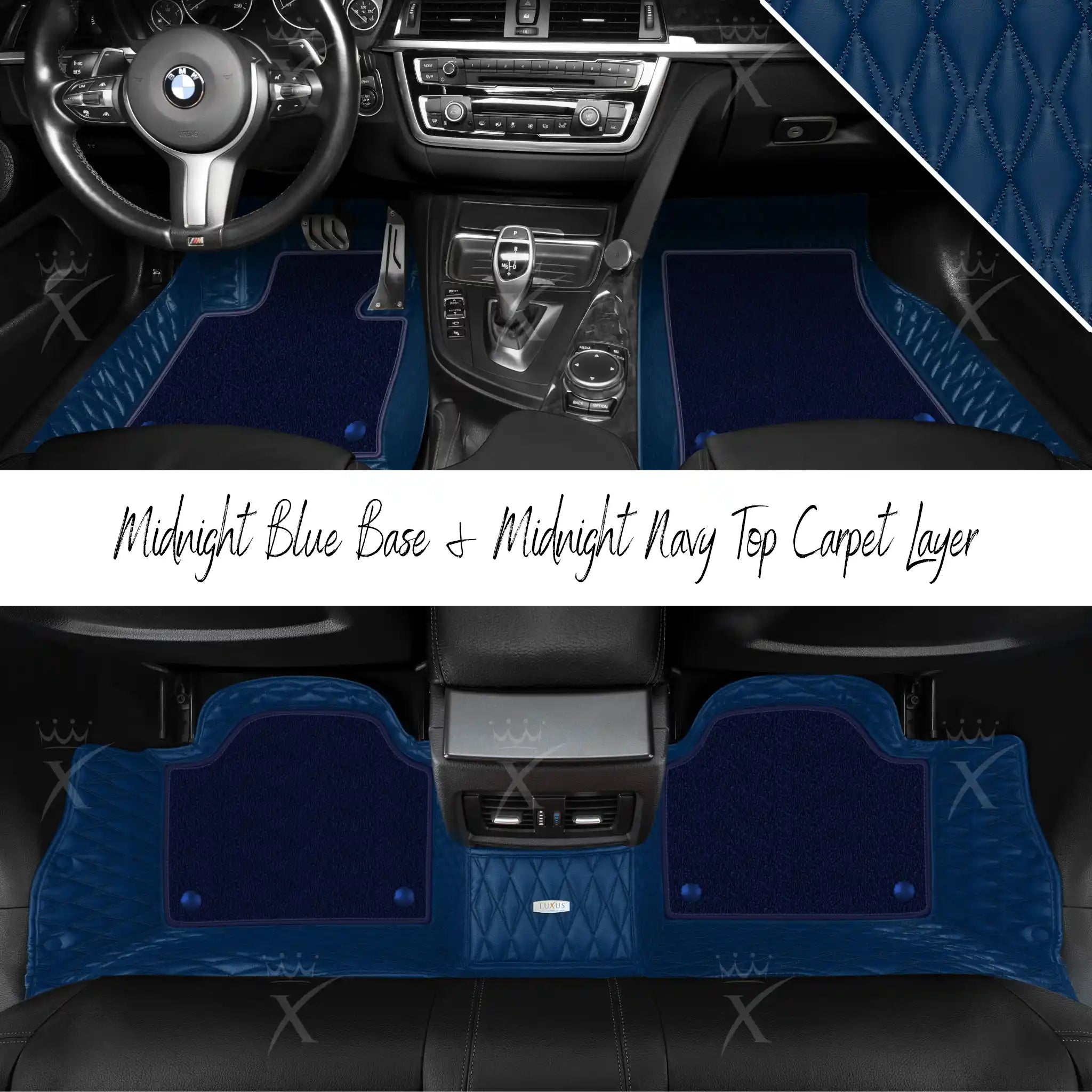Midnight Blue Twin Diamond & Midnight Navy Carpet | Double Layer Luxury Car Mats Set