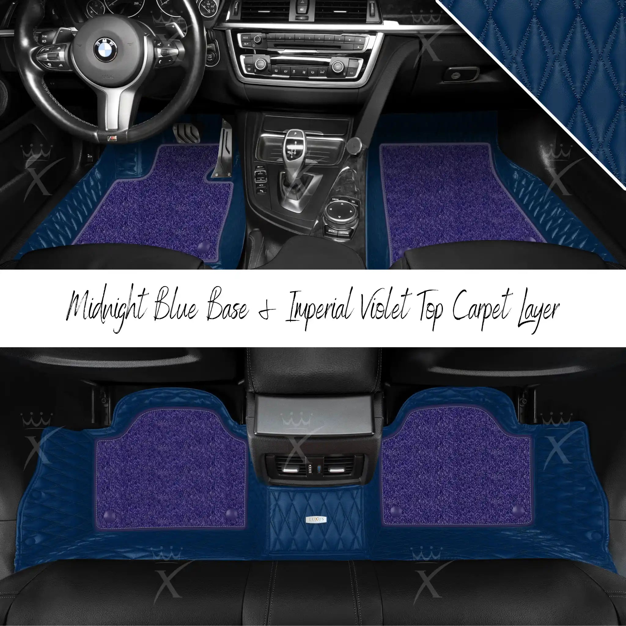 Midnight Blue Twin Diamond & Imperial Violet Carpet | Double Layer Luxury Car Mats Set