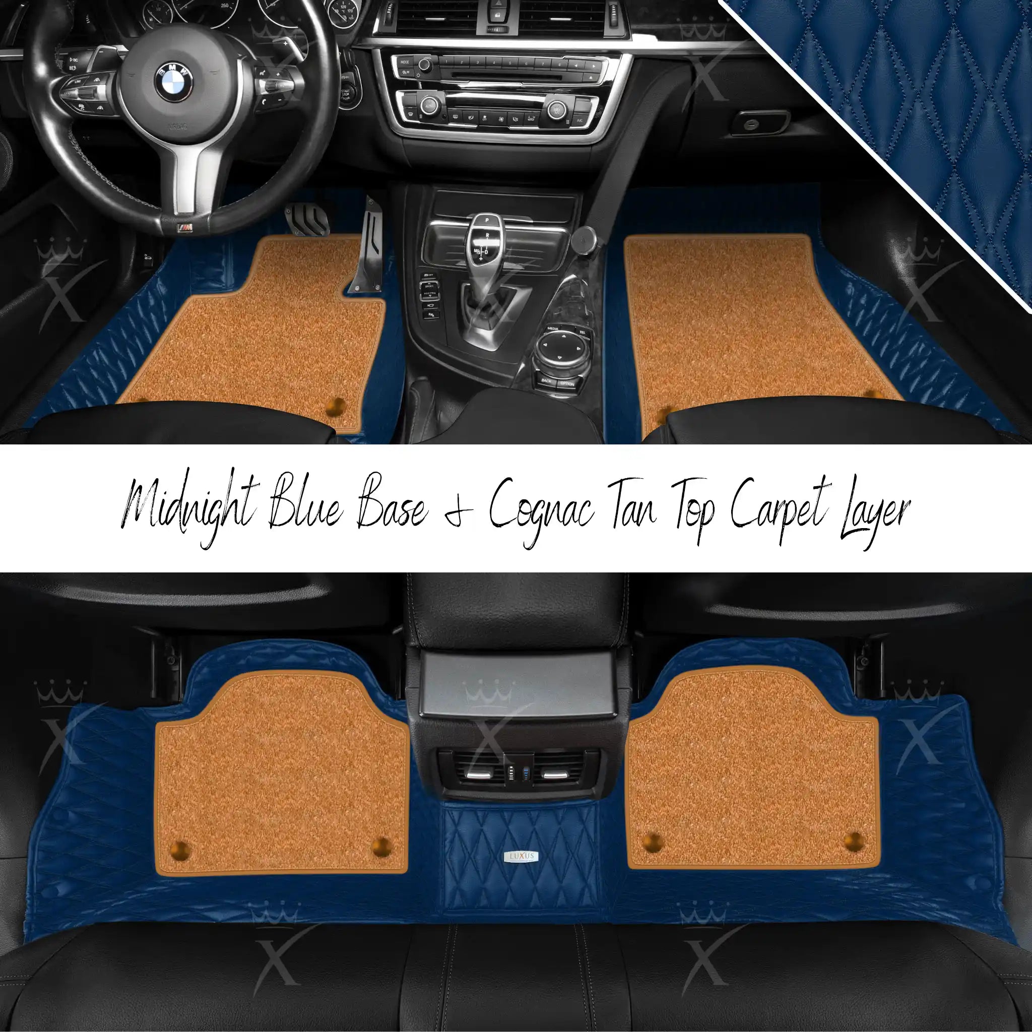 Midnight Blue Twin Diamond & Cognac Tan Carpet | Double Layer Luxury Car Mats Set