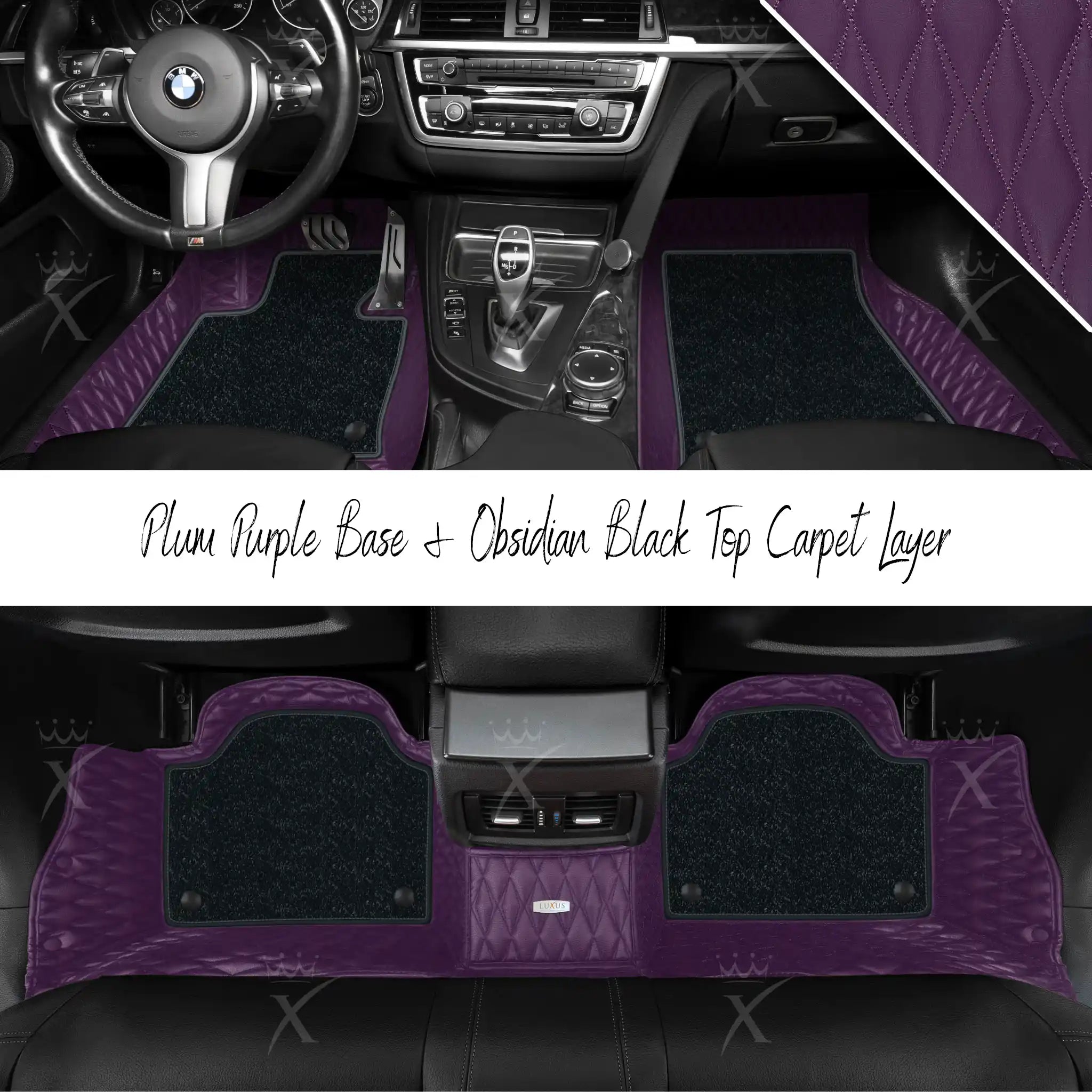 Plum Purple Twin Diamond & Obsidian Black Carpet | Double Layer Luxury Car Mats Set