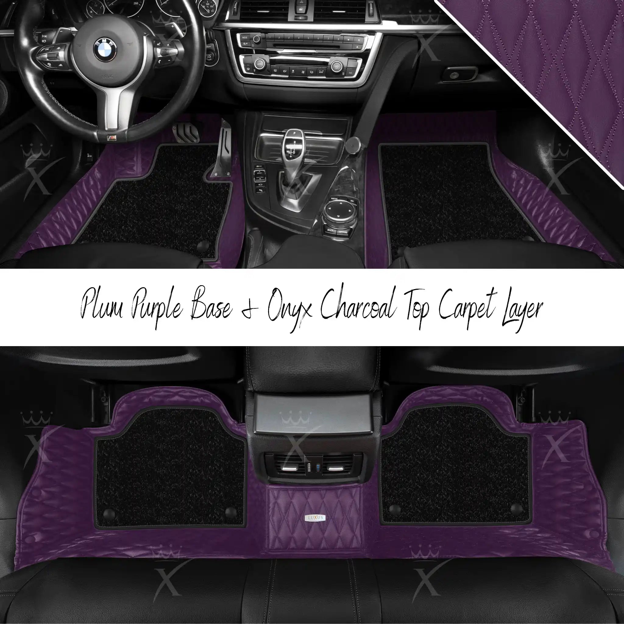 Plum Purple Twin Diamond & Onyx Charcoal Carpet | Double Layer Luxury Car Mats Set