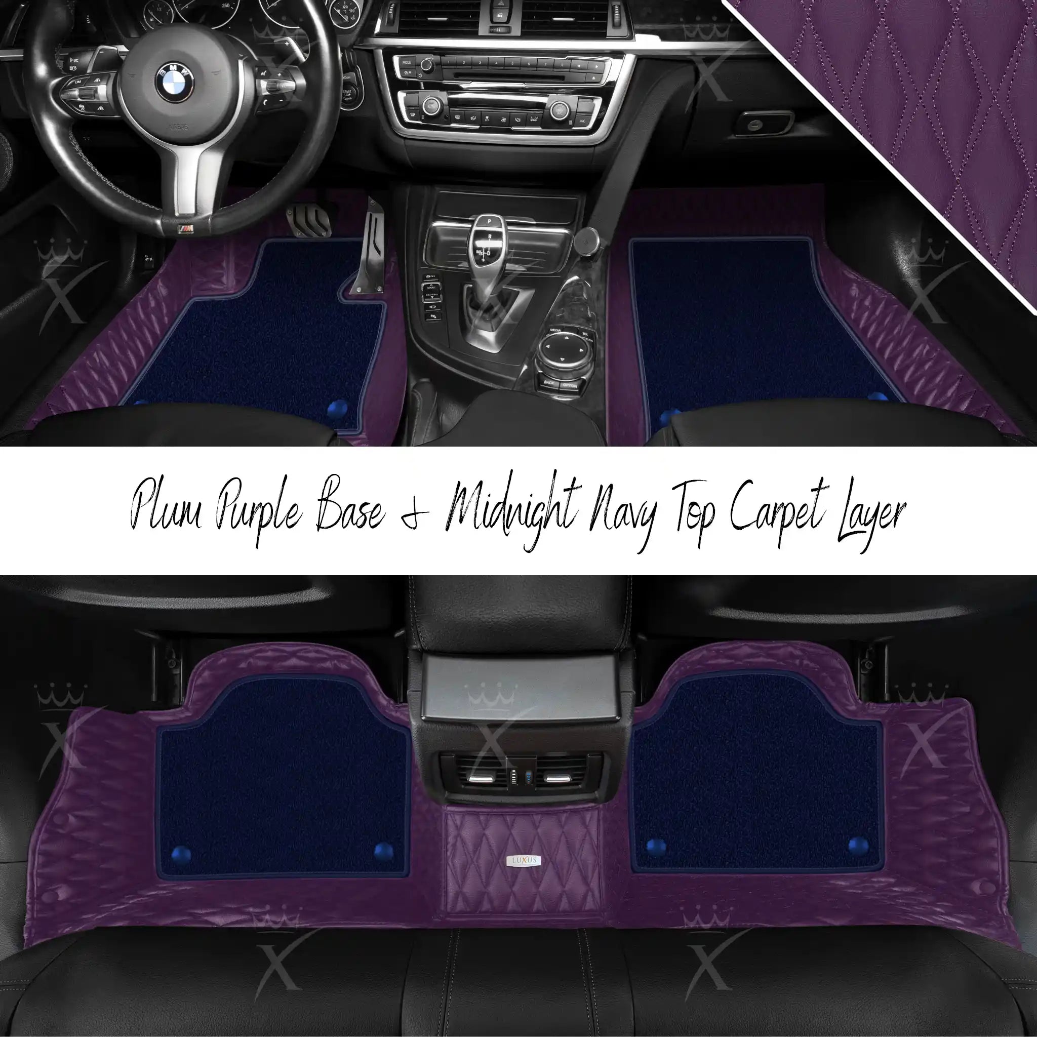 Plum Purple Twin Diamond & Midnight Navy Carpet | Double Layer Luxury Car Mats Set