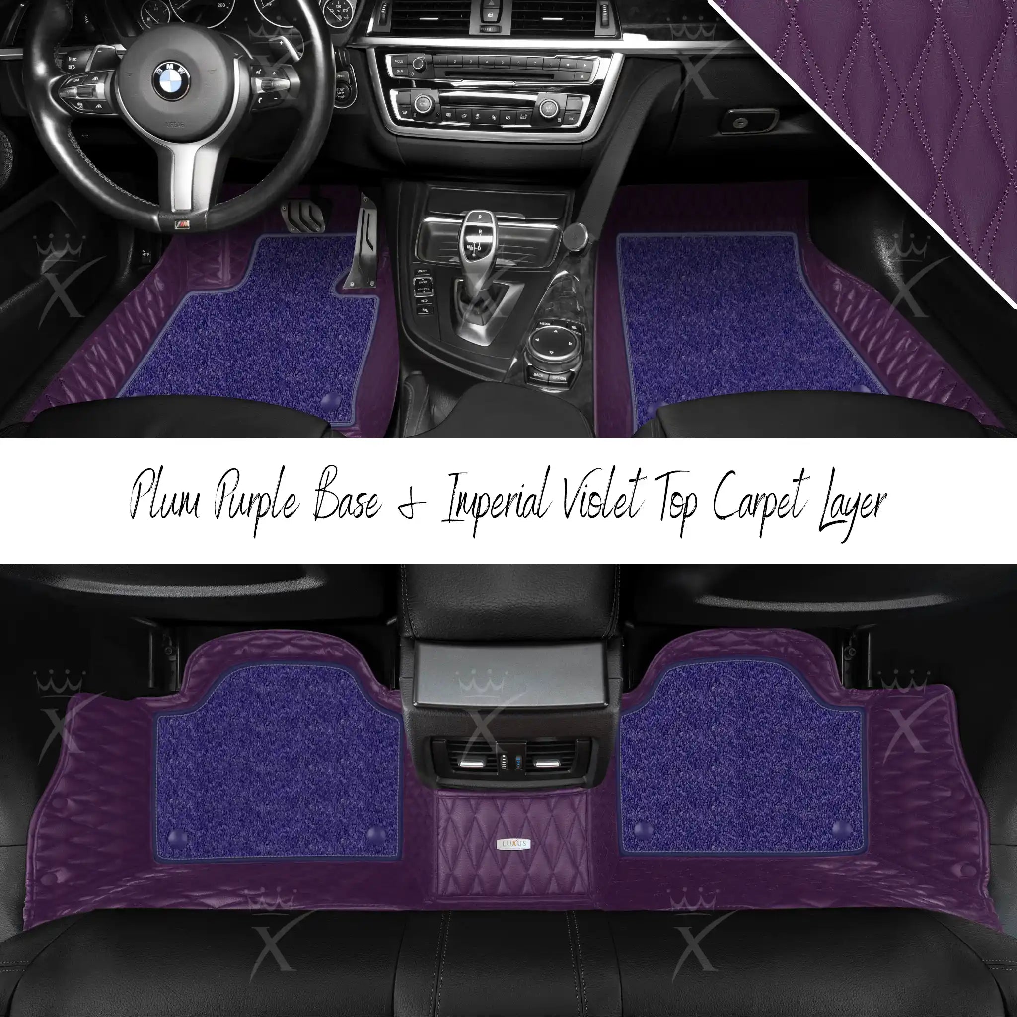Plum Purple Twin Diamond & Imperial Violet Carpet | Double Layer Luxury Car Mats Set