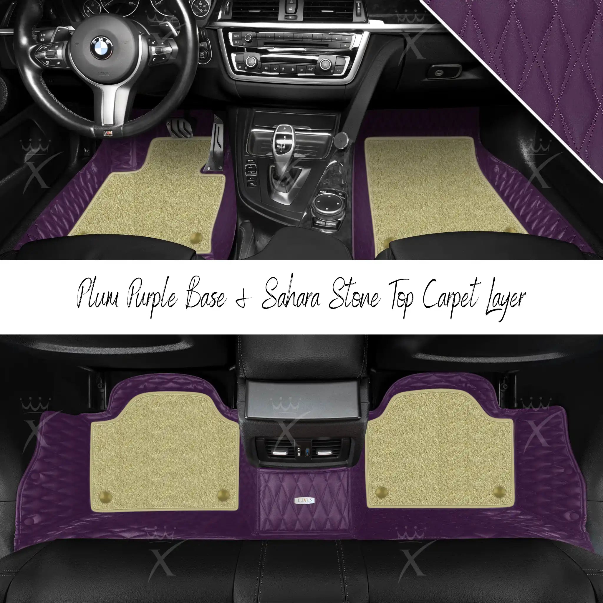 Plum Purple Twin Diamond & Sahara Stone Carpet | Double Layer Luxury Car Mats Set